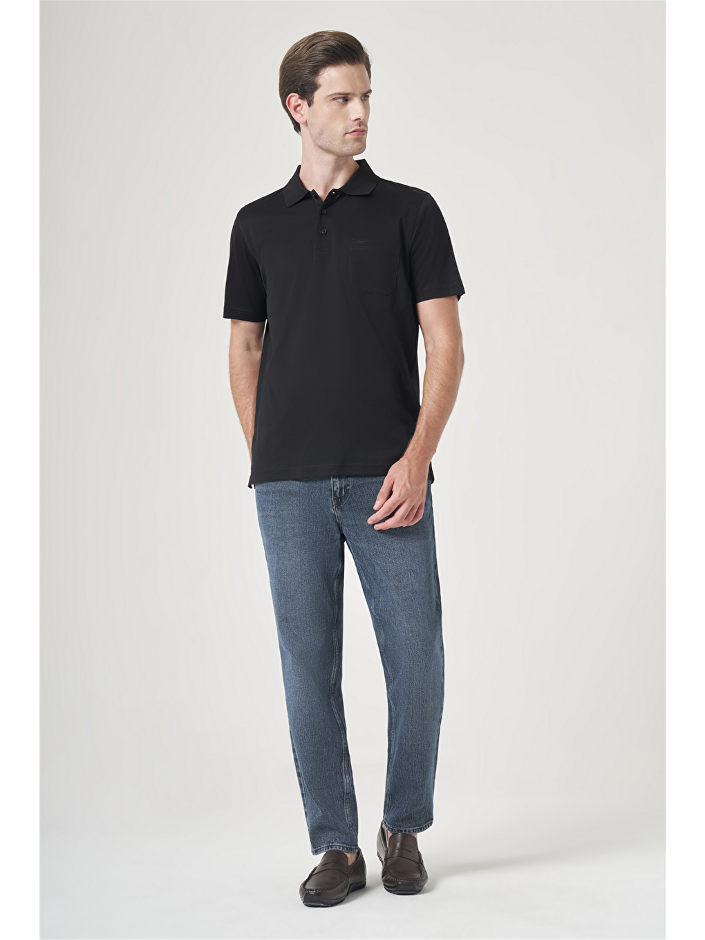 Siyah Polo Yaka Kısa Kol Cepli Comfort Fit %100 Pamuk Tişört 1011260163-1