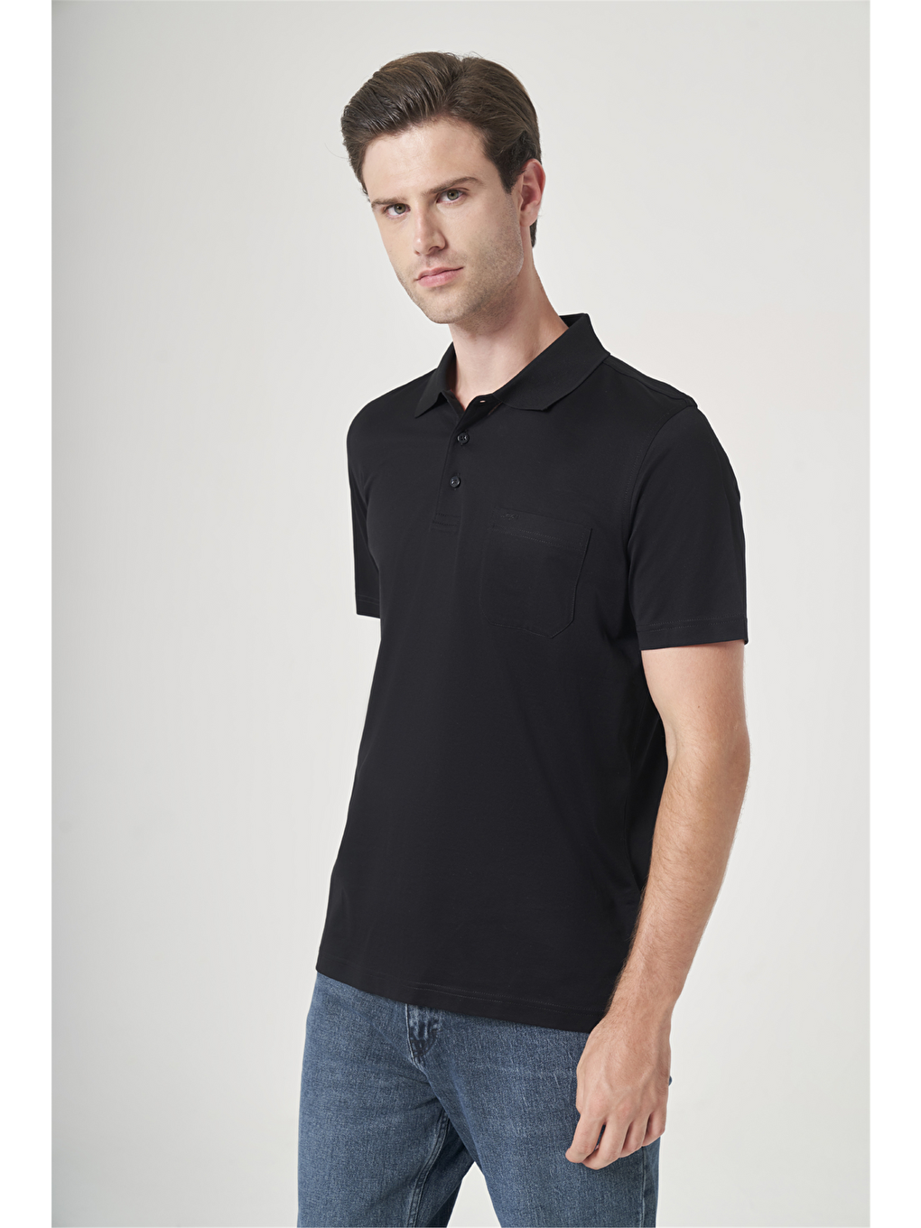 Siyah Polo Yaka Kısa Kol Cepli Comfort Fit %100 Pamuk Tişört 1011260163-2