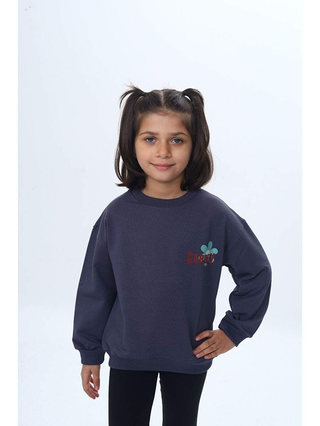 Antrasit Kız Çocuk Arka Kol Baskılı Çiçekli Sweatshirt