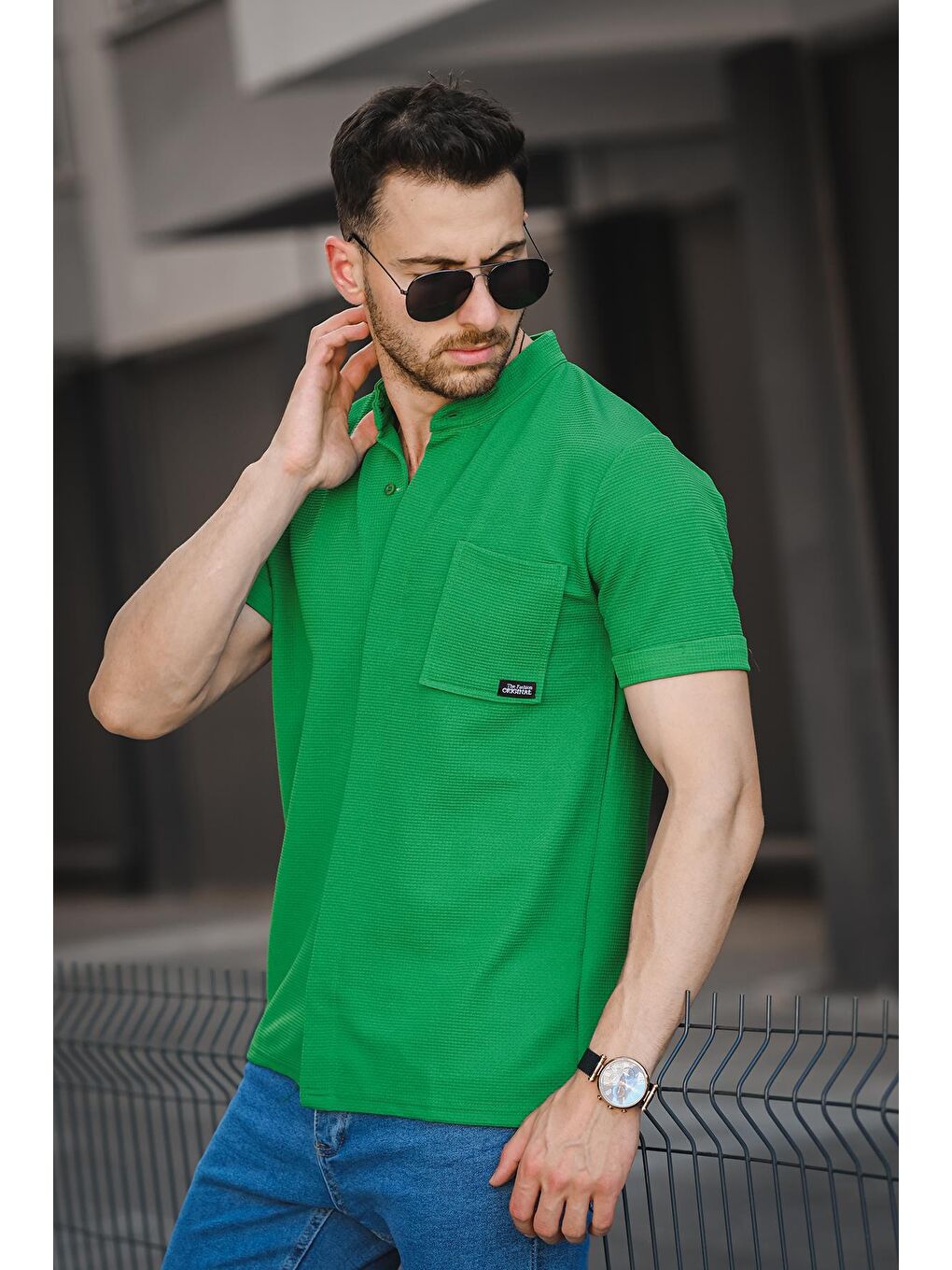 Yeşil Dennie Tek Cep Waffle Kumaş Slim Kısa Kol Hakim Yaka Erkek Gömlek-2