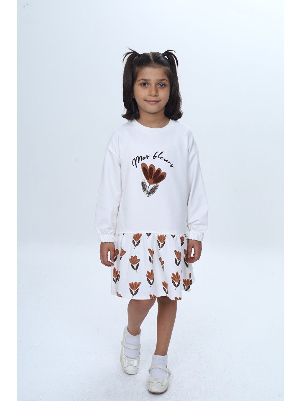 Ekru Kız Çocuk Süzene Nakışlı Lale Baskılı Elbise