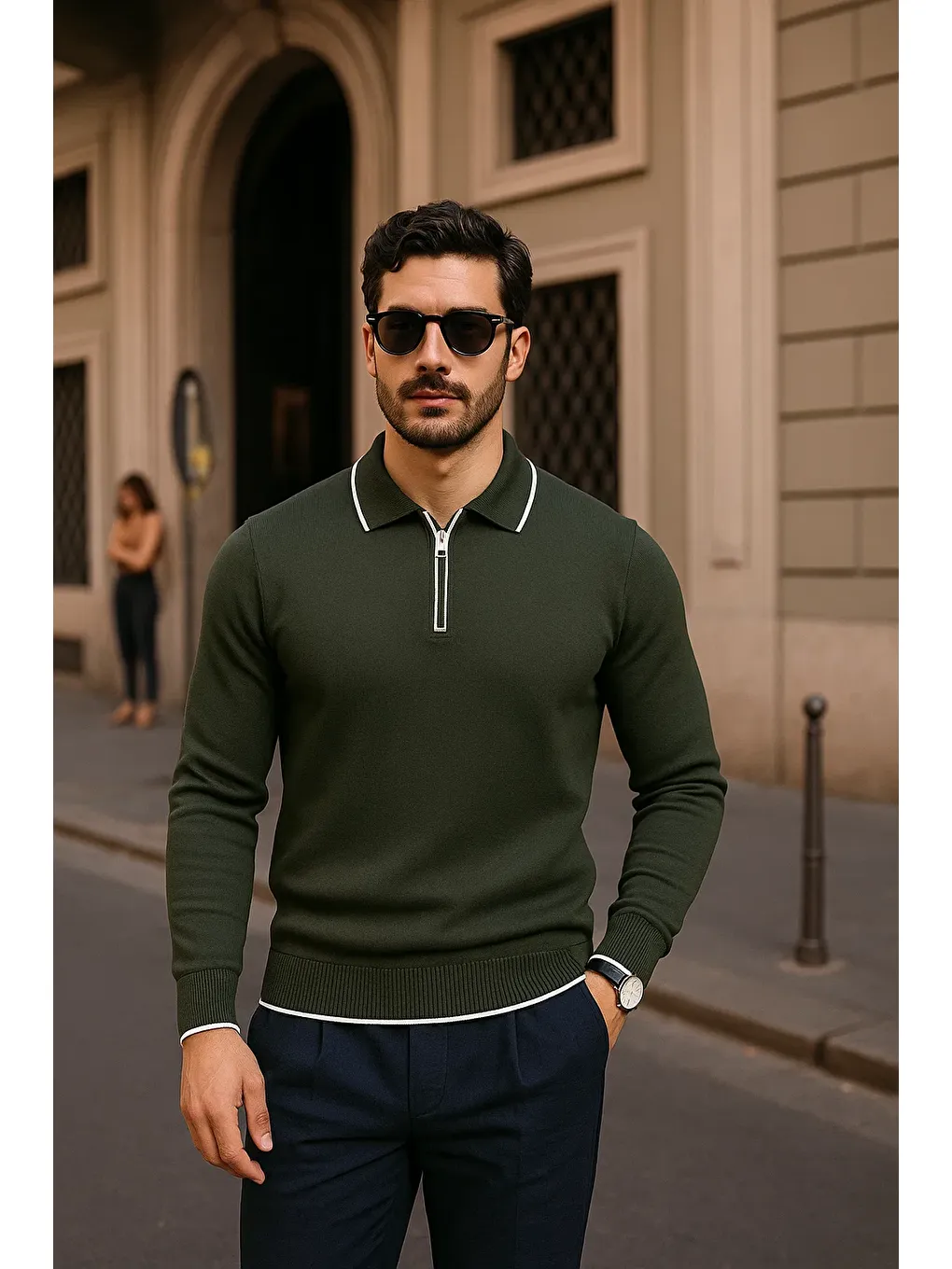 Erkek Fermuarlı Haki Uzun Kollu Polo Yaka Triko Kazak