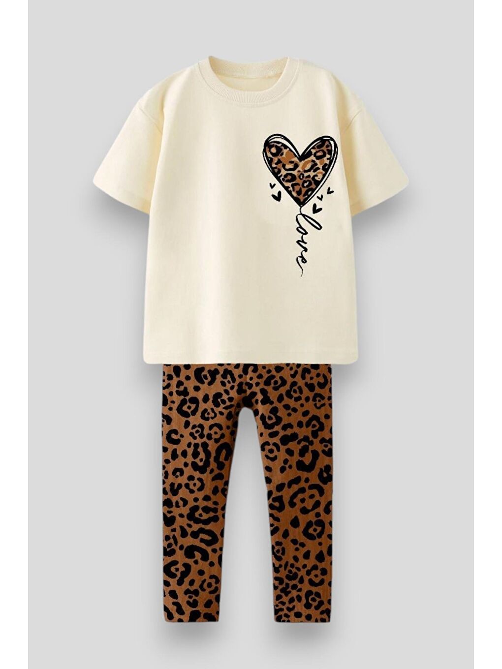 Karışık Kız Çocuk Pamuklu Ekru Leopar Desenli Tişört Ve Tayt Takımı