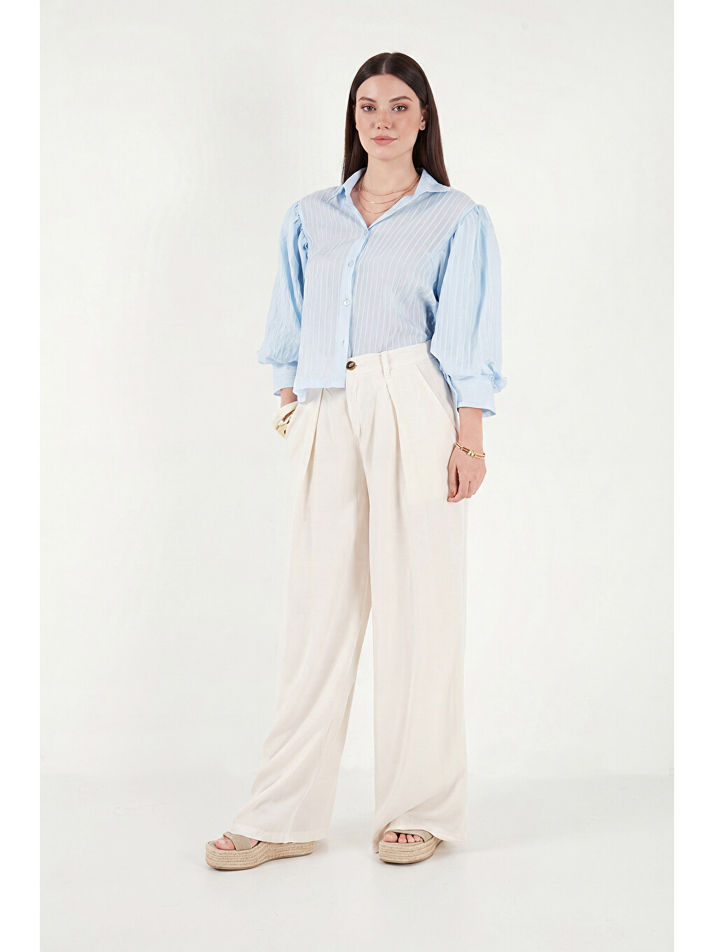 Bej Relaxed Fit Yüksek Bel Geniş Paça Pantolon 668YP5515-2