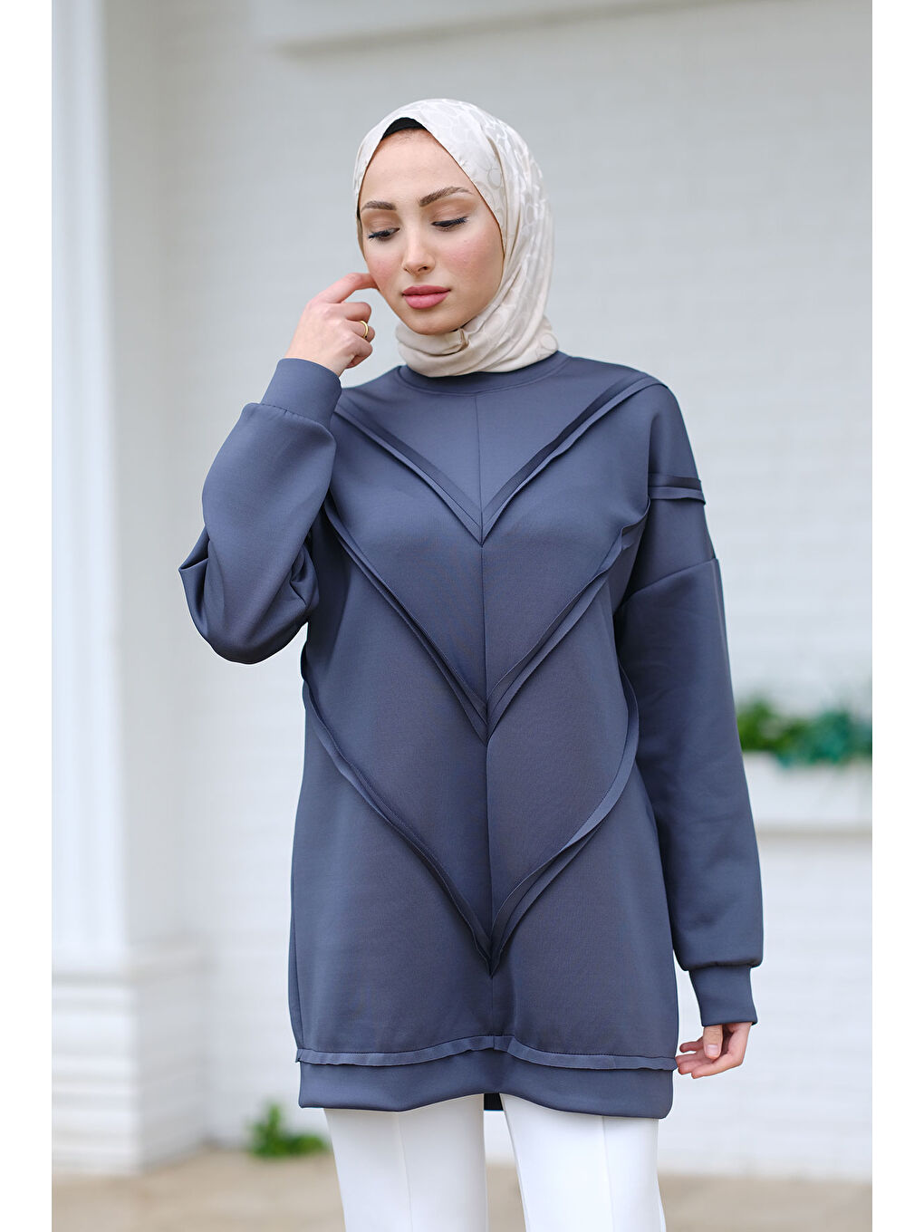 Önü V Detaylı Tunik Petrol Mavi-2