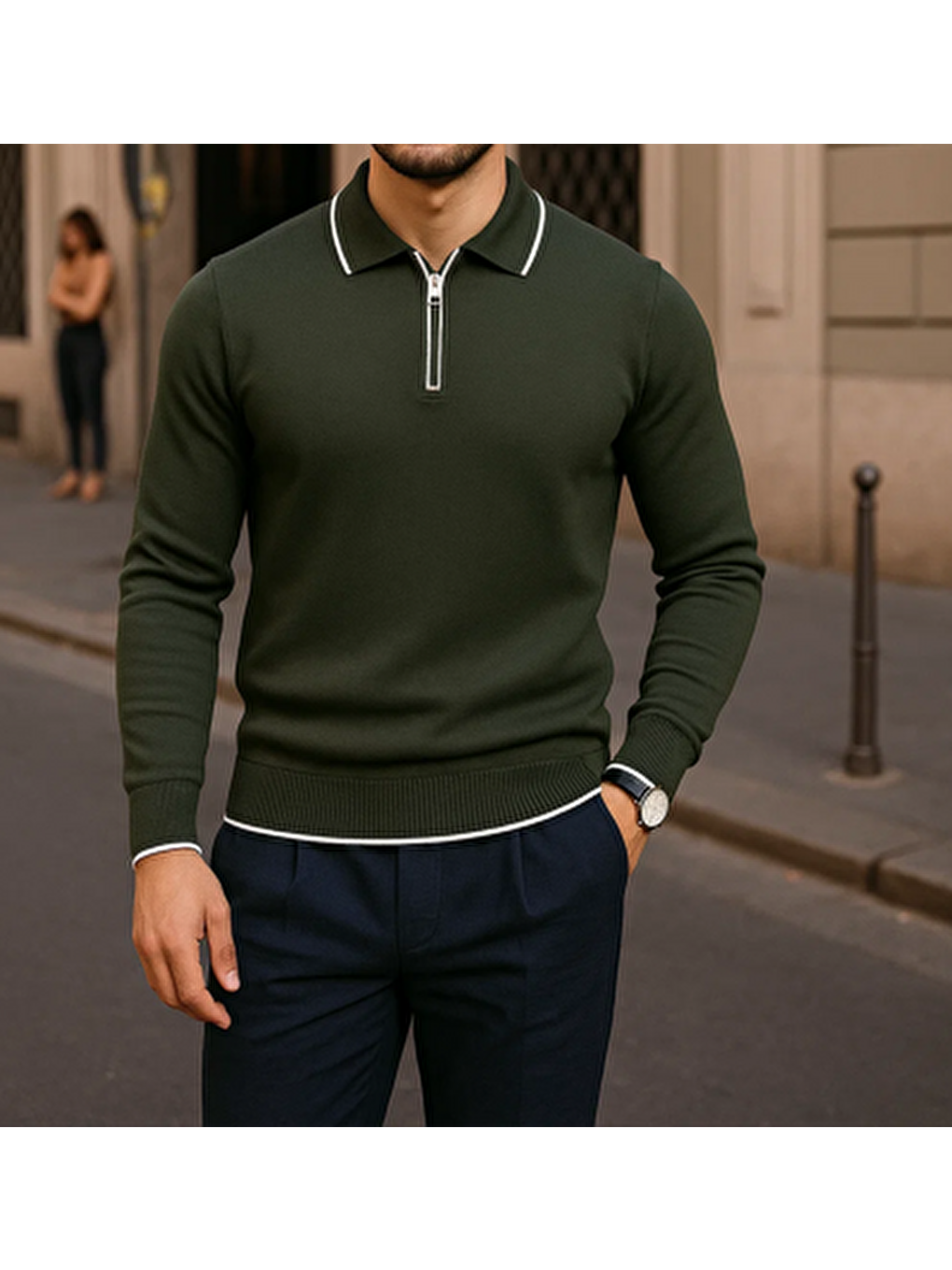 Erkek Fermuarlı Haki Uzun Kollu Polo Yaka Triko Kazak-2