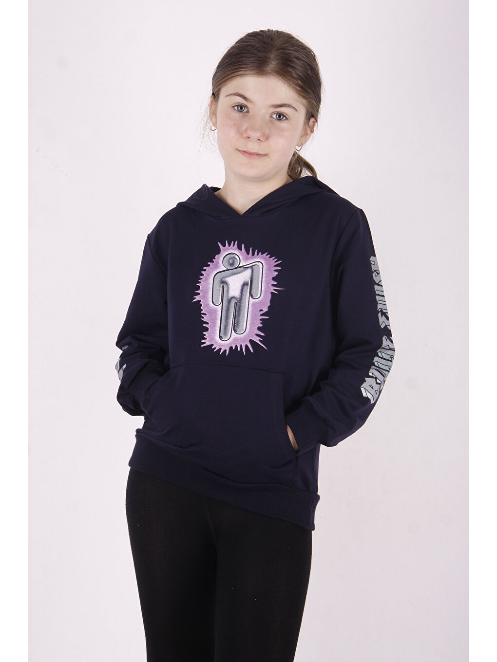 Lacivert Kız Çocuk Billie Eilish Baskılı Sweatshirt-1