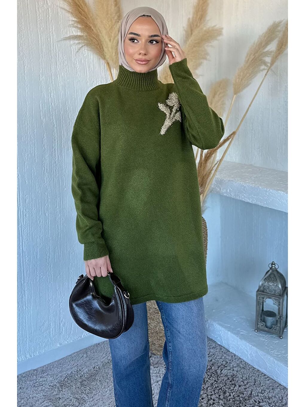 Haki Gülseli Boğazlı Tesettür Triko Tunik-3
