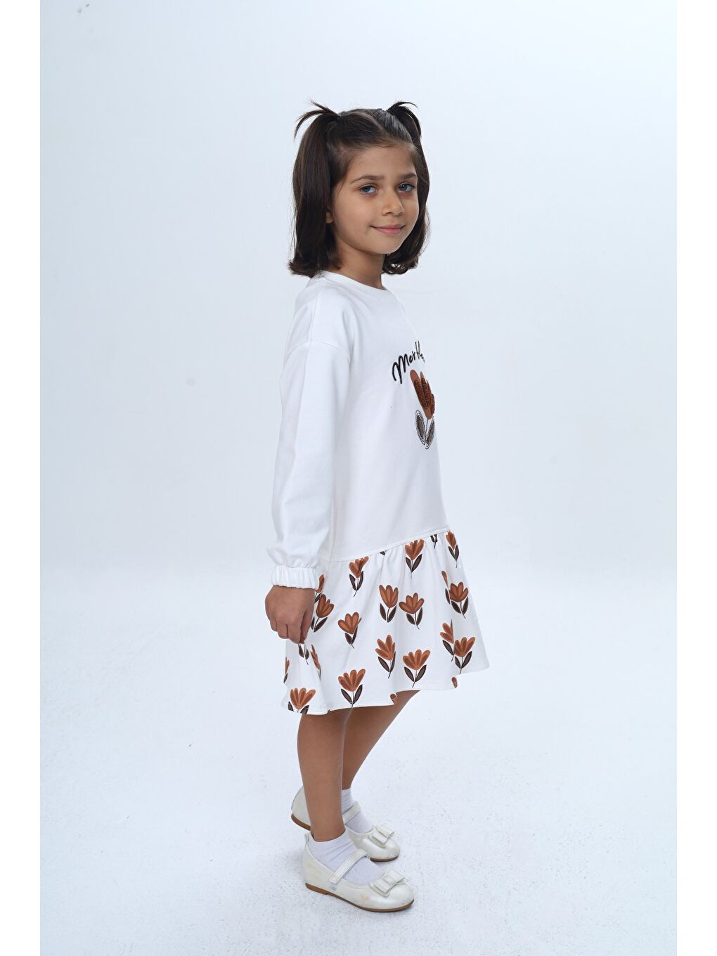 Ekru Kız Çocuk Süzene Nakışlı Lale Baskılı Elbise-2