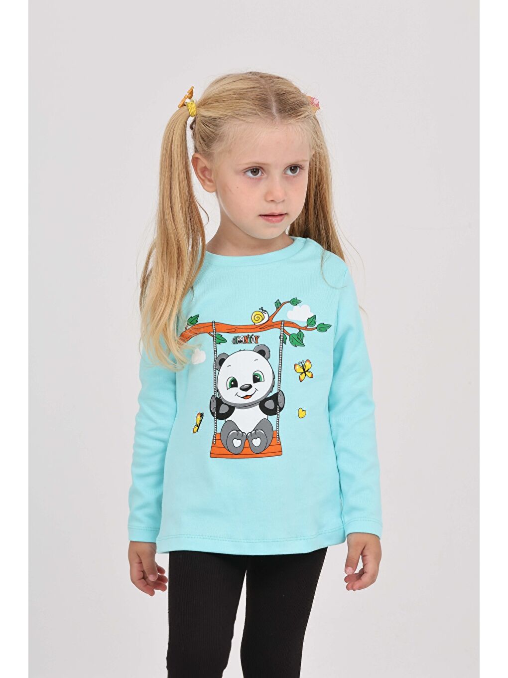 Turkuaz Kız Çocuk Sallanan Panda Baskılı Sweatshirt-1