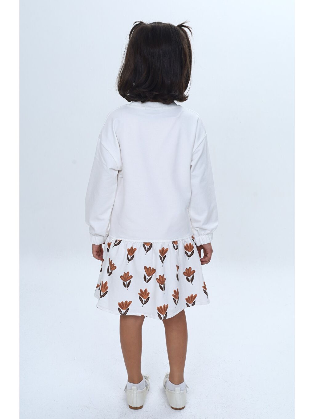 Ekru Kız Çocuk Süzene Nakışlı Lale Baskılı Elbise-3