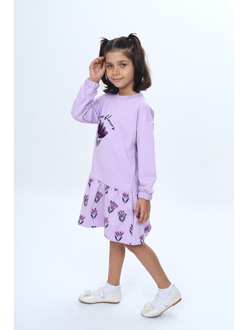 Lila Kız Çocuk Süzene Nakışlı Lale Baskılı Elbise-1