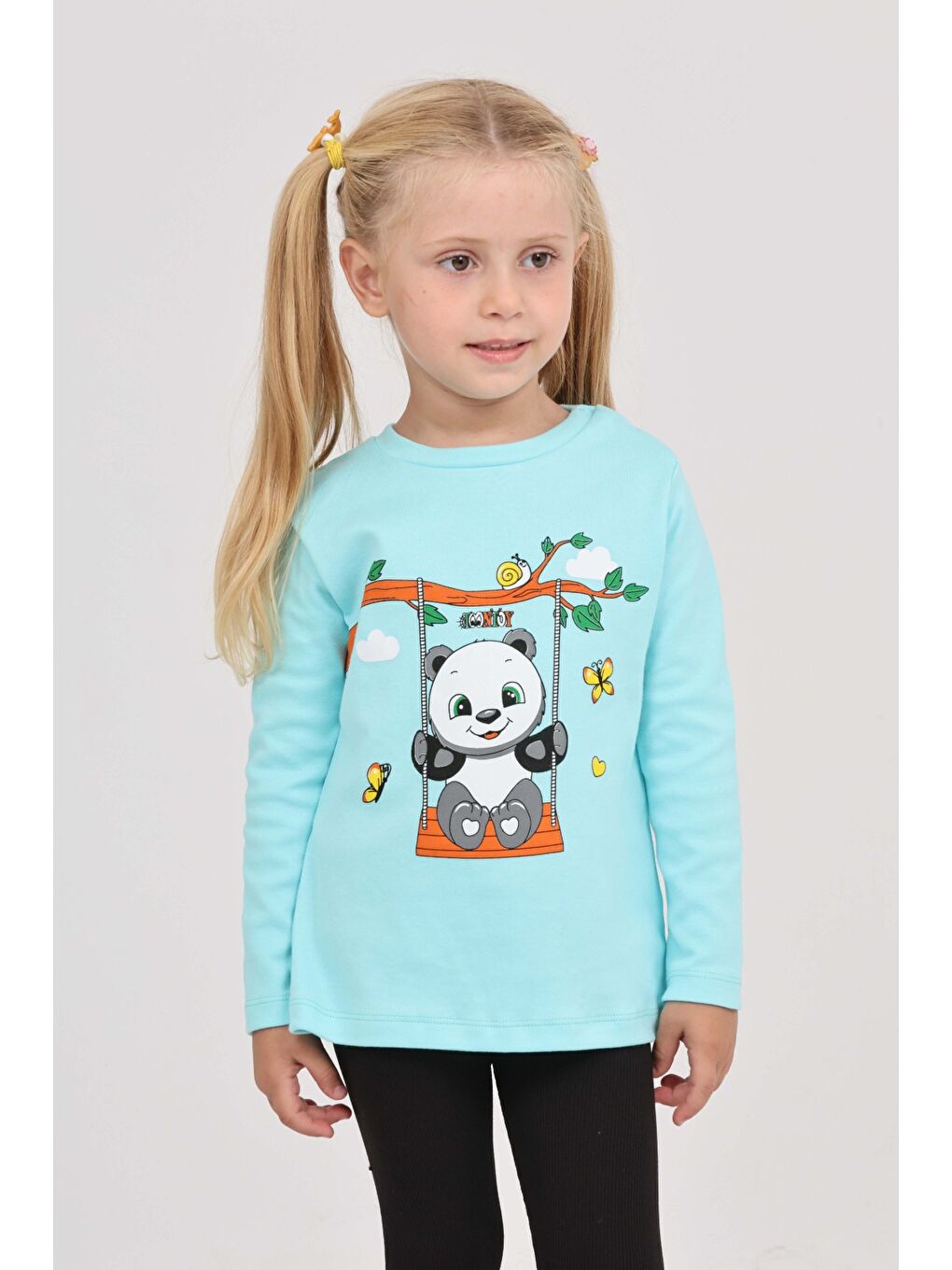 Turkuaz Kız Çocuk Sallanan Panda Baskılı Sweatshirt-2