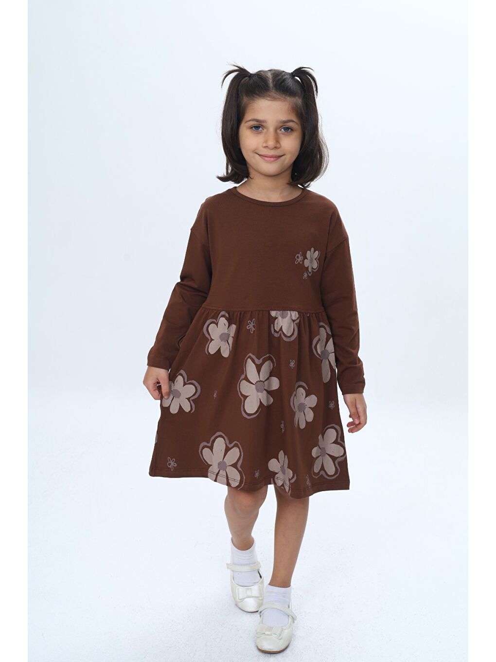 Kahverengi Kız Çocuk Çiçek Baskılı Elbise