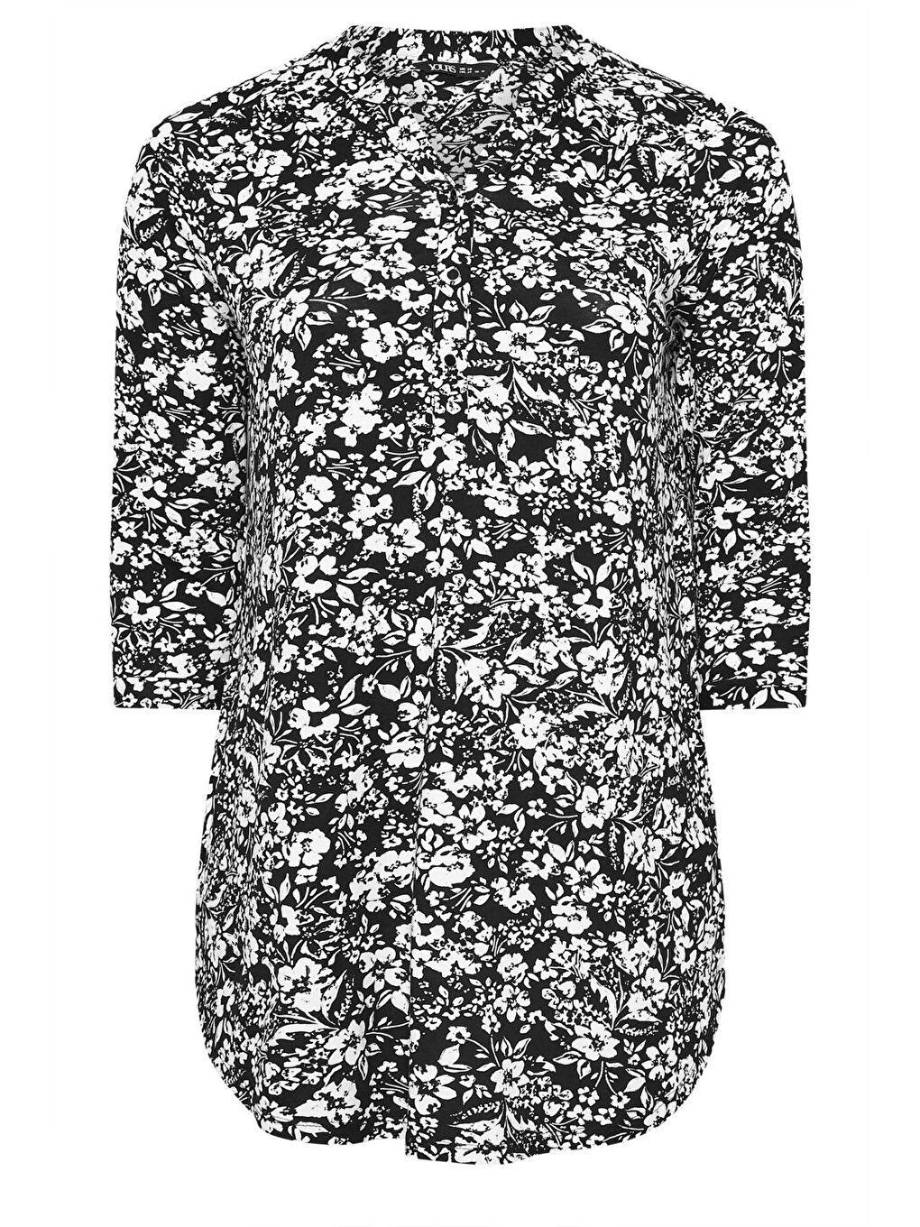 Siyah Büyük Beden Yarım Kollu Önü Düğmeli Çiçek Desenli Gömlek 322267-5
