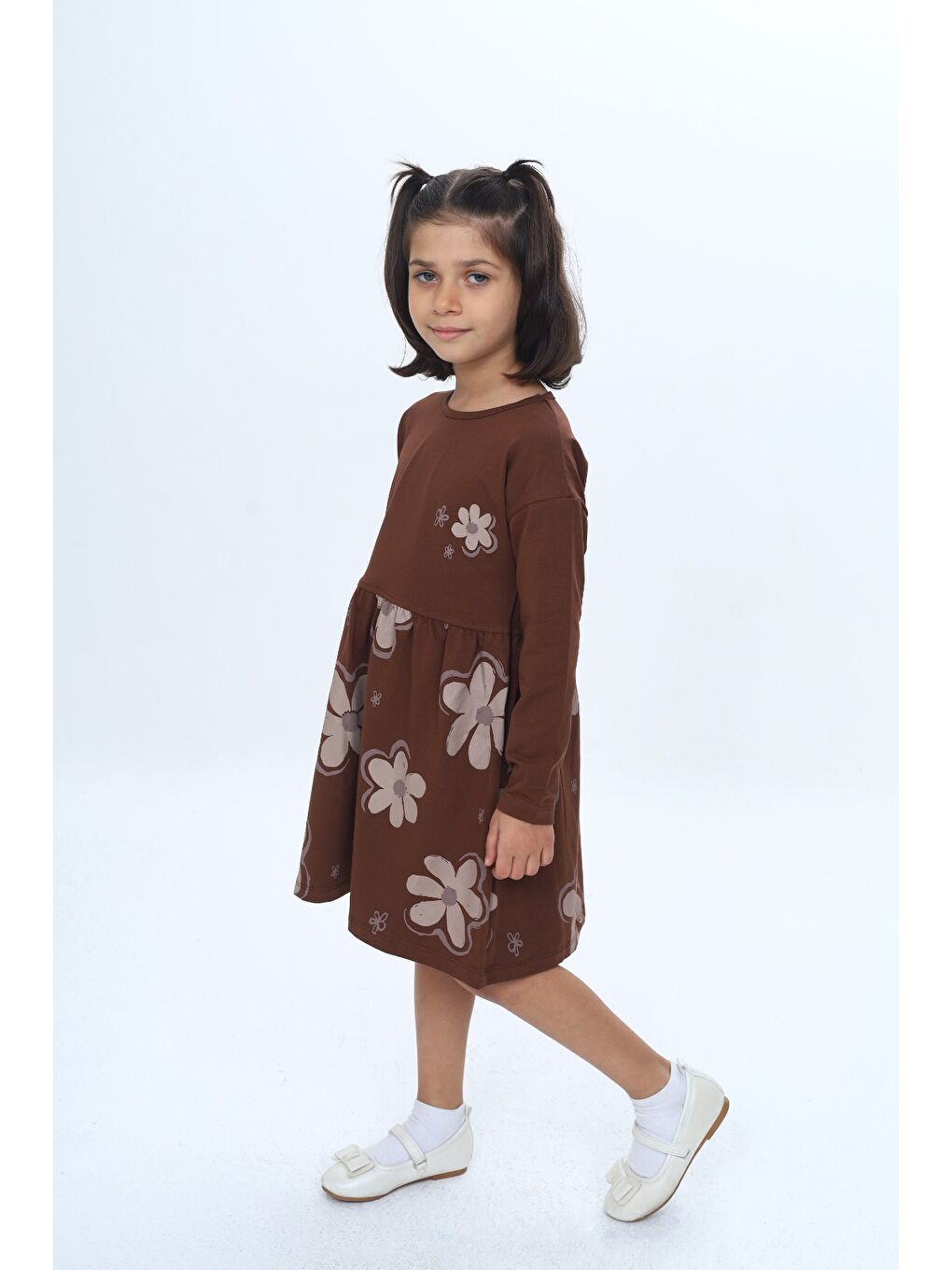 Kahverengi Kız Çocuk Çiçek Baskılı Elbise-1