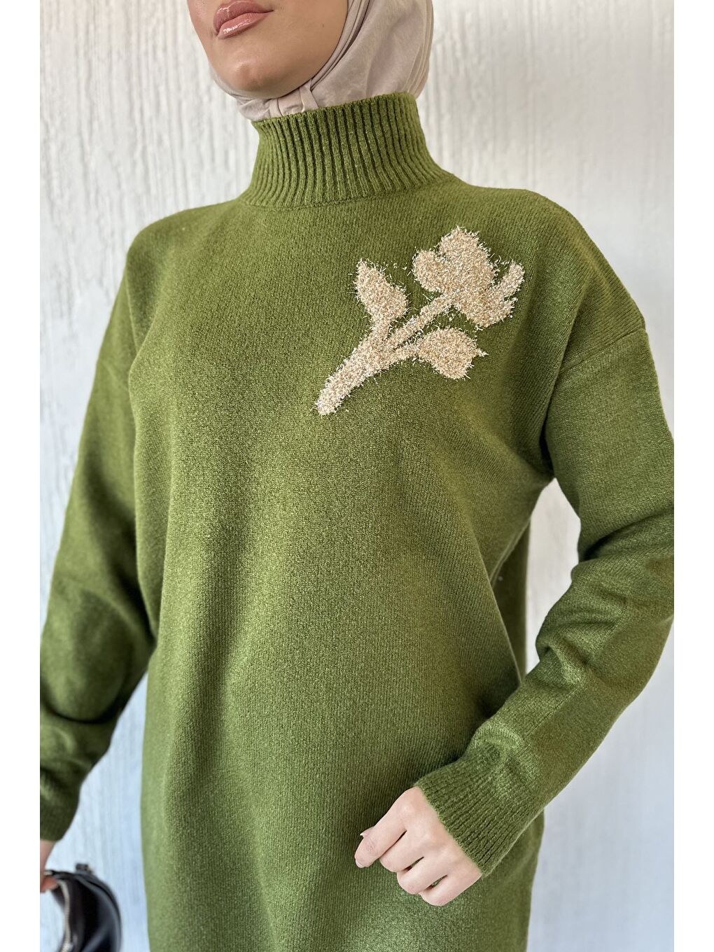 Haki Gülseli Boğazlı Tesettür Triko Tunik-9