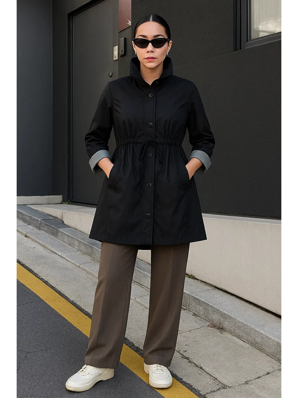 Kadın Çizgili Astarlı Basic Siyah Kısa Trençkot