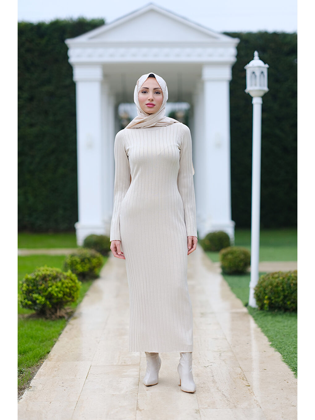 Ekru Kendinden Desenli Triko Elbise Krem-1