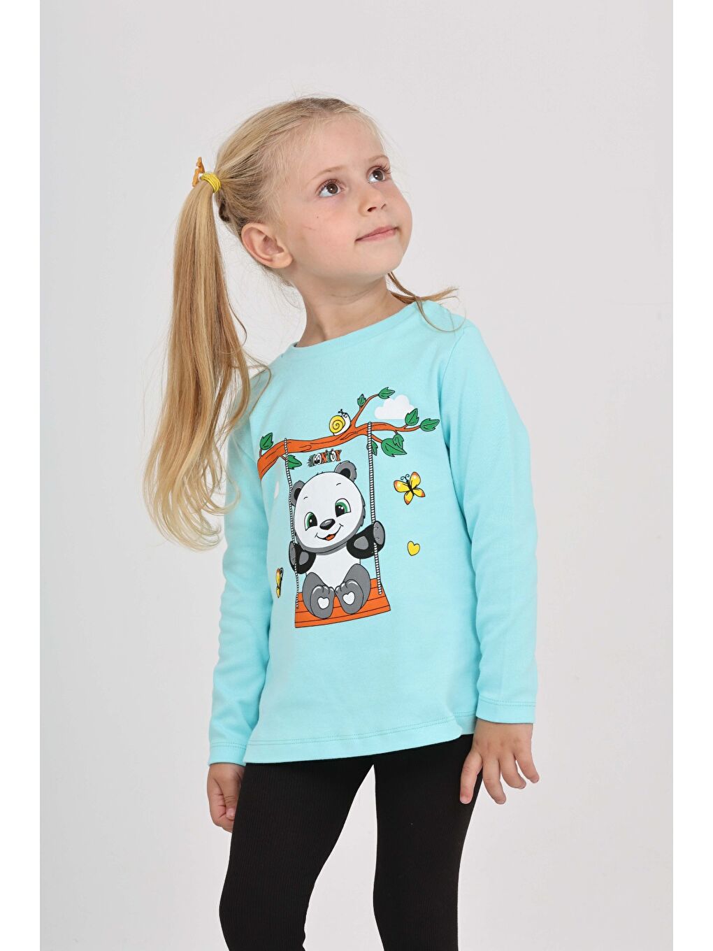 Turkuaz Kız Çocuk Sallanan Panda Baskılı Sweatshirt-3