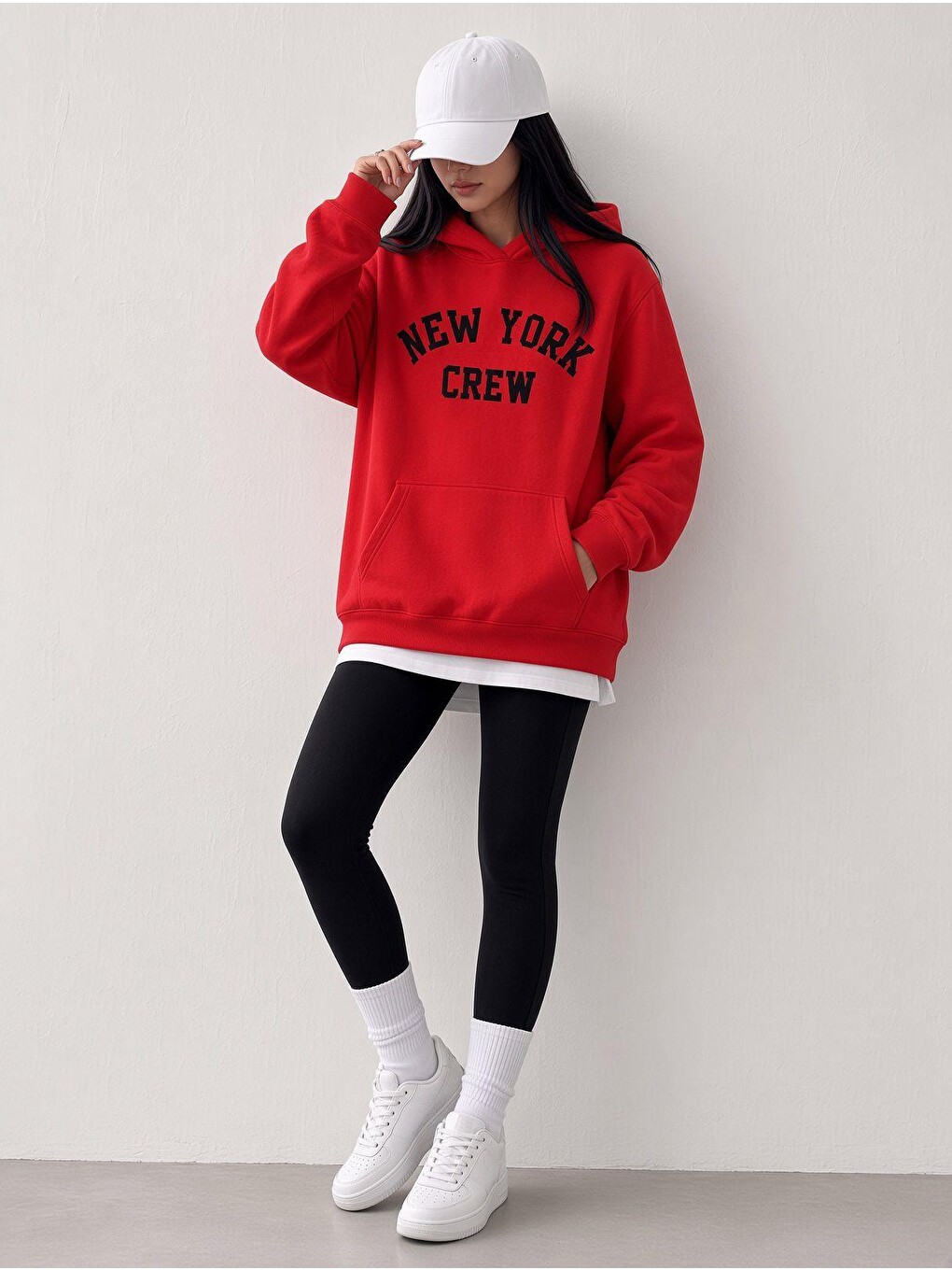 Kırmızı Sw Unisex Oversize "new York Crew" Baskılı Kapüşonlu Kanguru Cep Sweatshirt-1