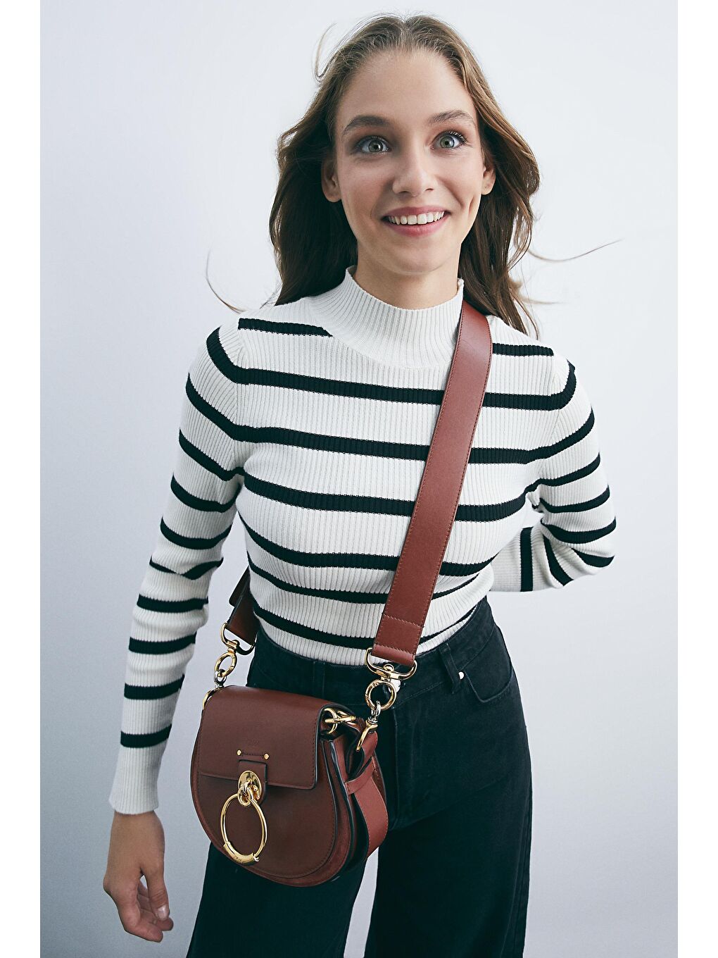 Ekru Ecru-siyah Çizgili Dik Yakalı Kazak-3