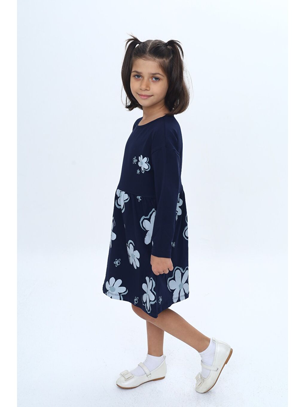 Lacivert Kız Çocuk Çiçek Baskılı Elbise-1