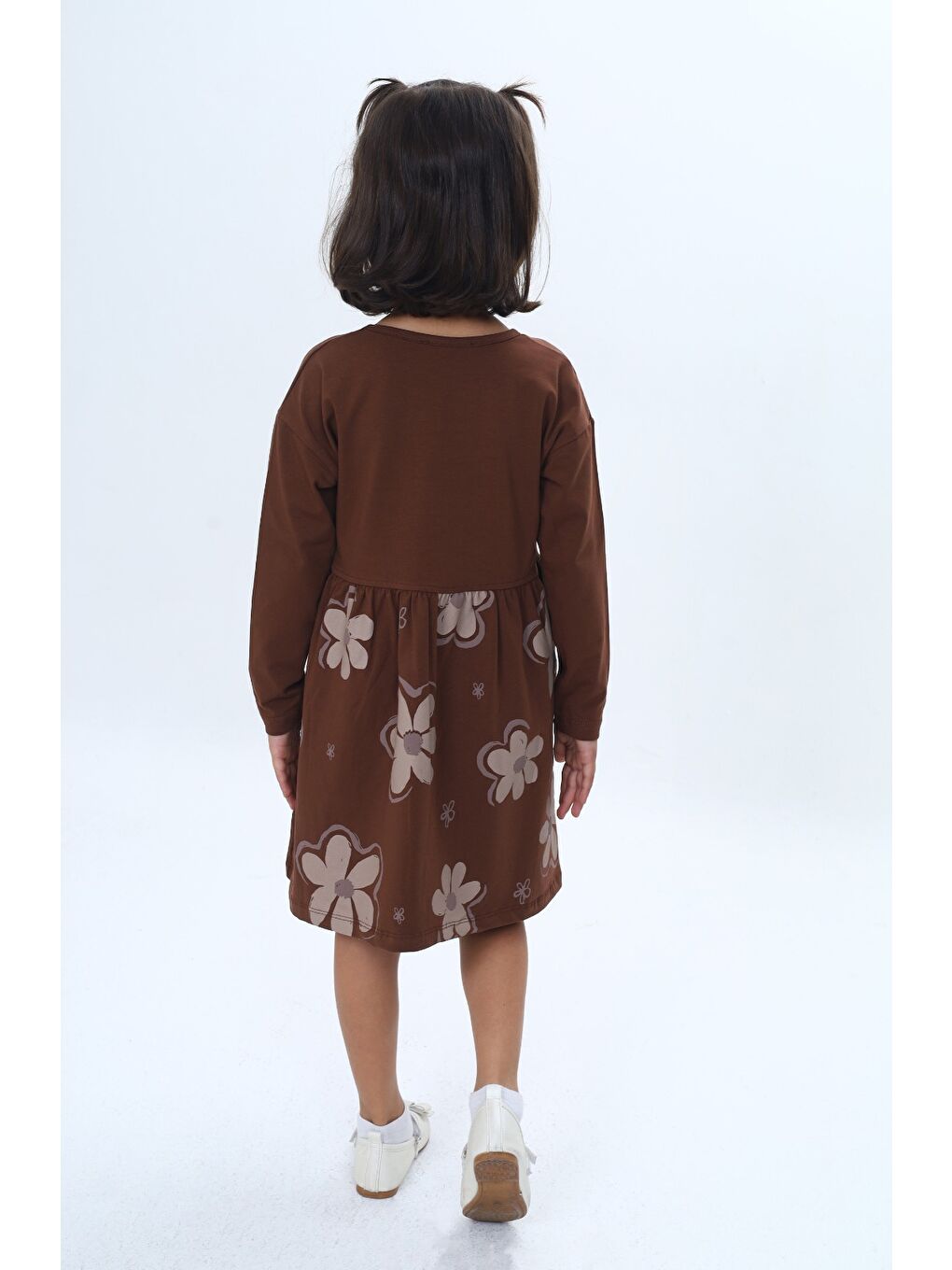 Kahverengi Kız Çocuk Çiçek Baskılı Elbise-3