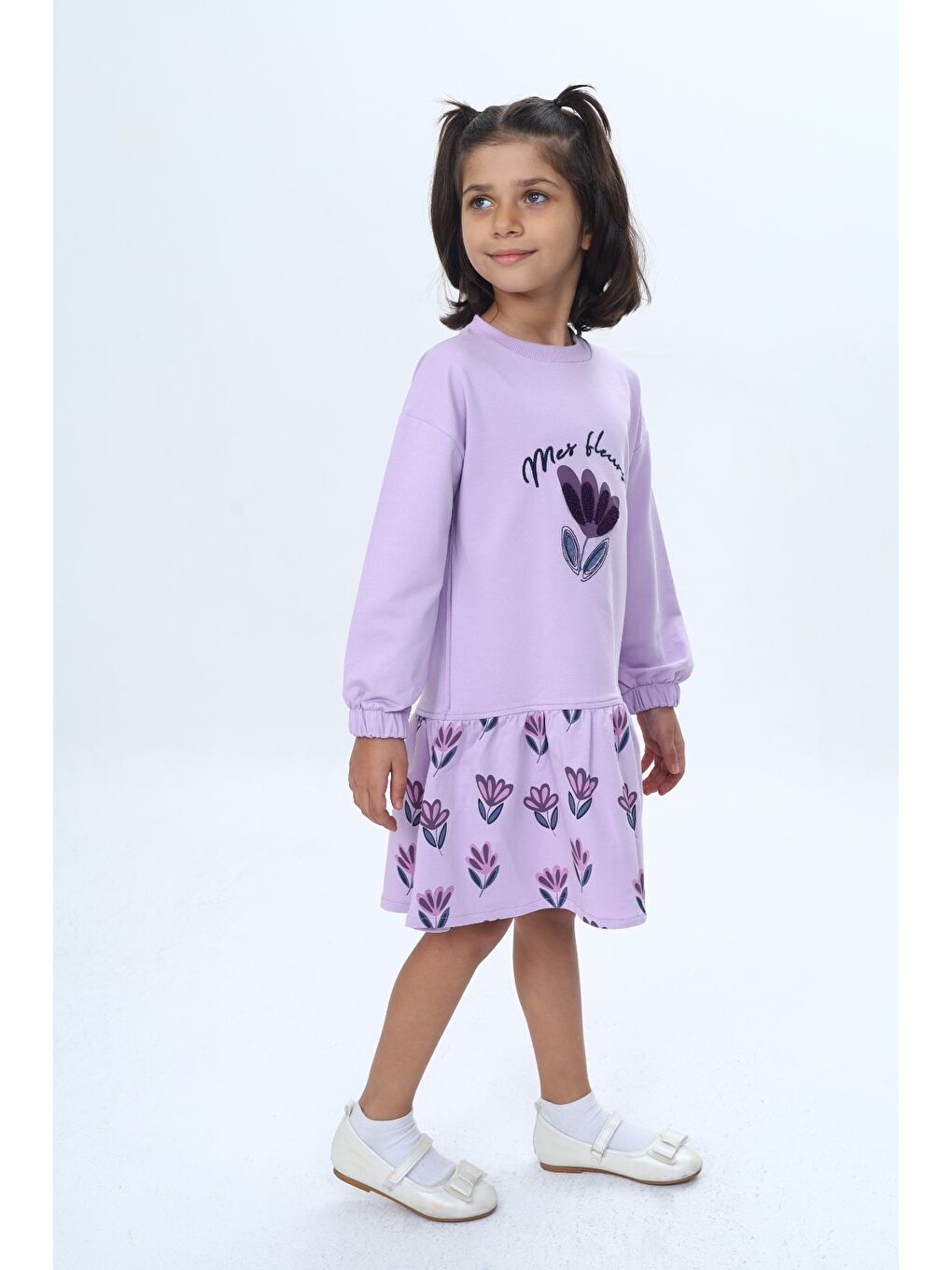 Lila Kız Çocuk Süzene Nakışlı Lale Baskılı Elbise-3