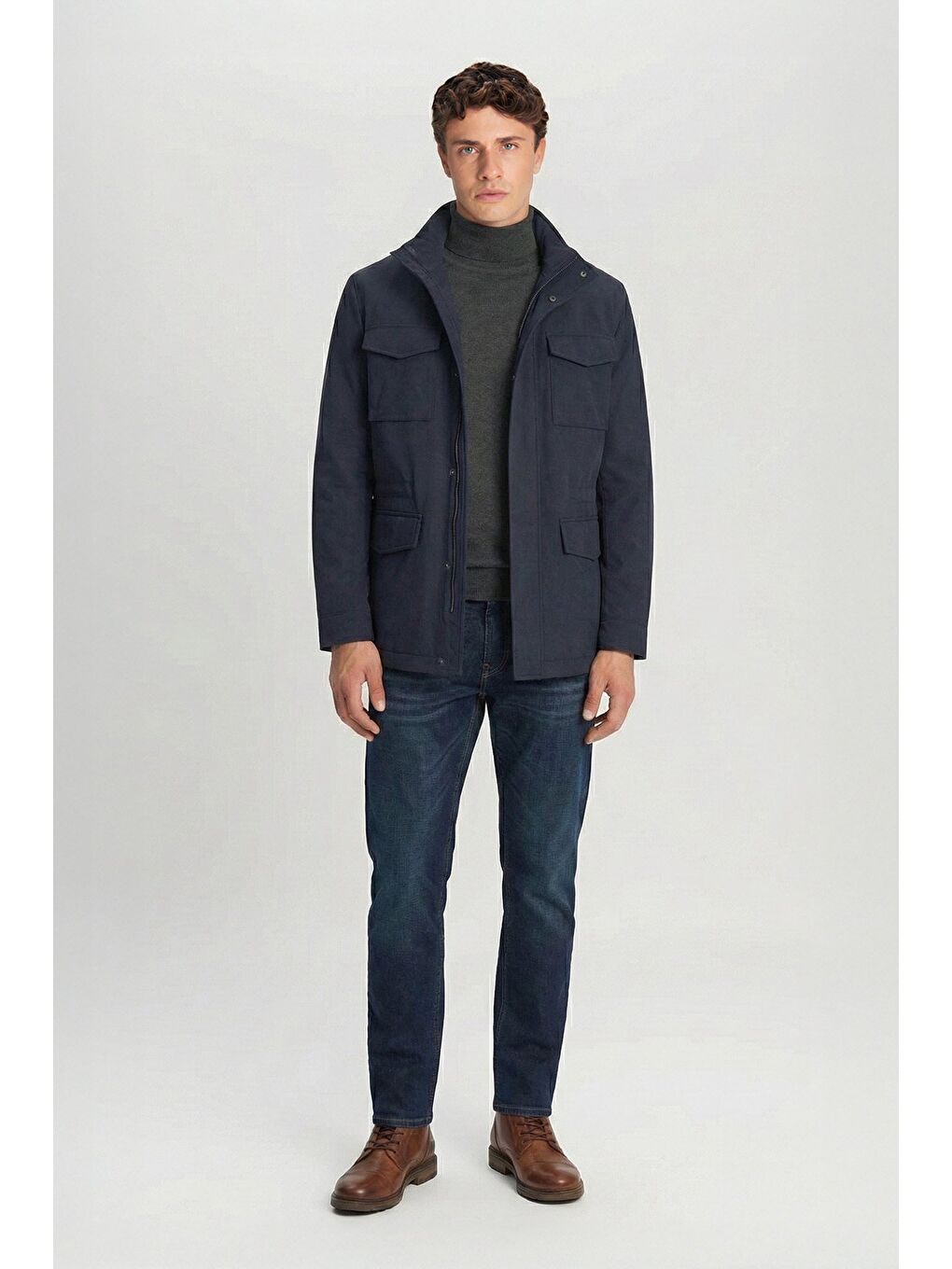 Lacivert Slim Fit Dik Yaka Cepli Erkek Mont-1