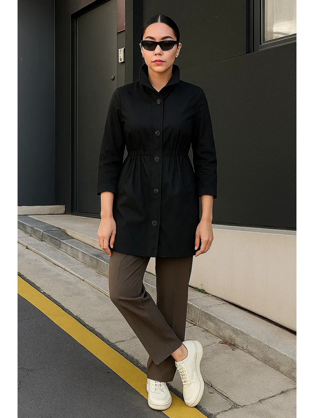 Kadın Çizgili Astarlı Basic Siyah Kısa Trençkot-2