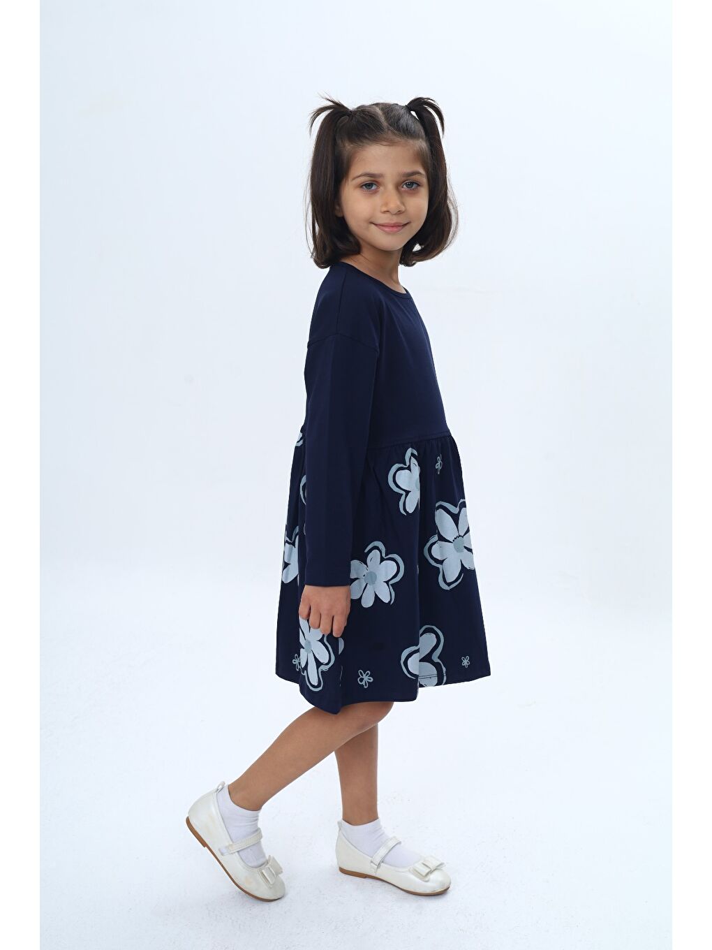 Lacivert Kız Çocuk Çiçek Baskılı Elbise-2