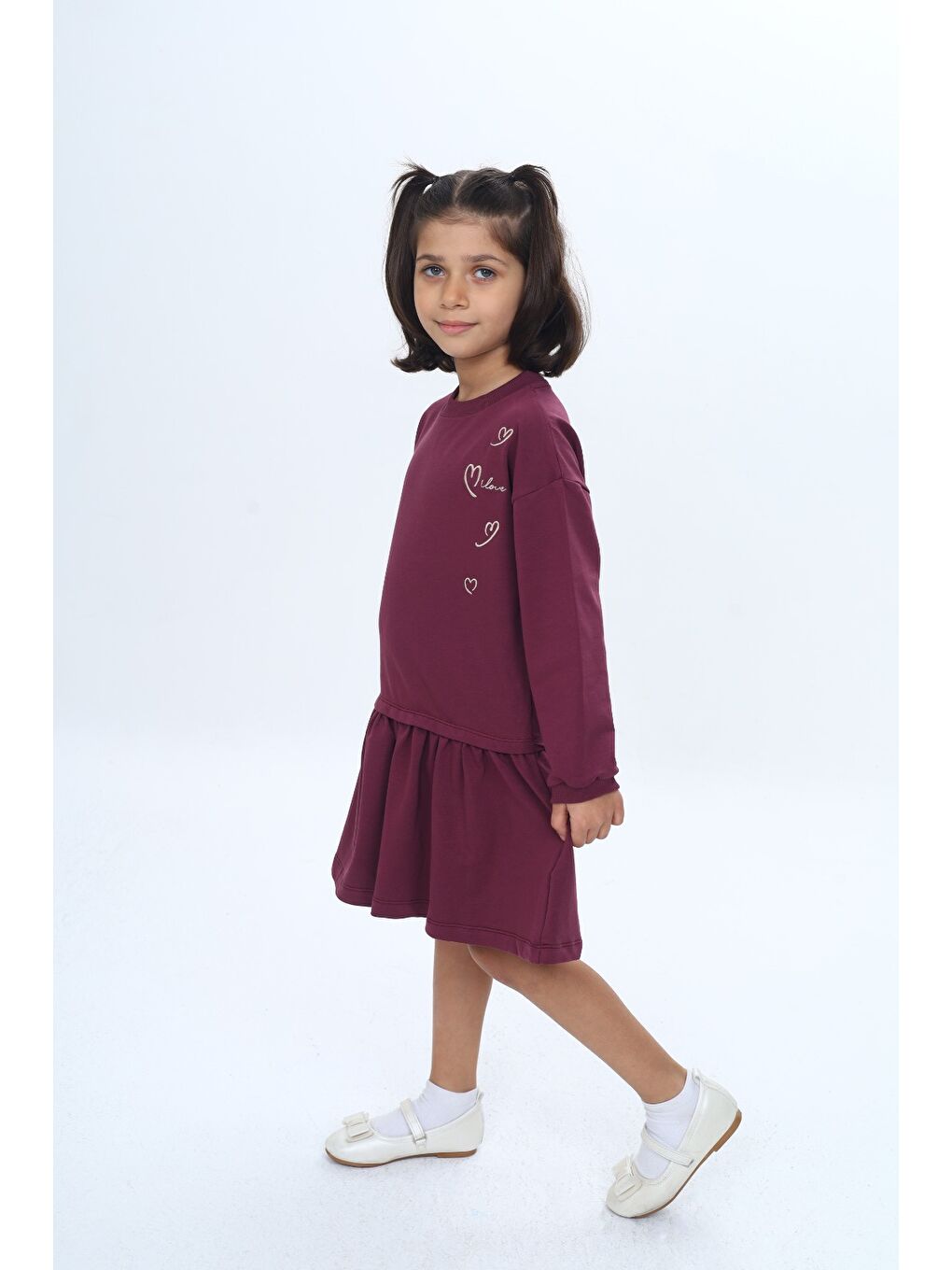 Mor Kız Çocuk Şeritli Kalp Nakışlı Elbise-1