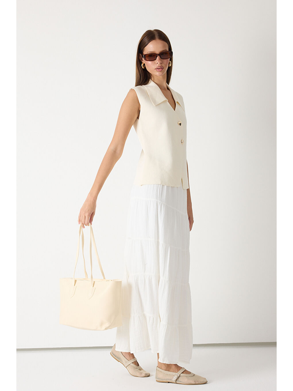 Ekru Kadın Krem Çift Saplı Suni Deri Askılı El ve Omuz Çantası-1