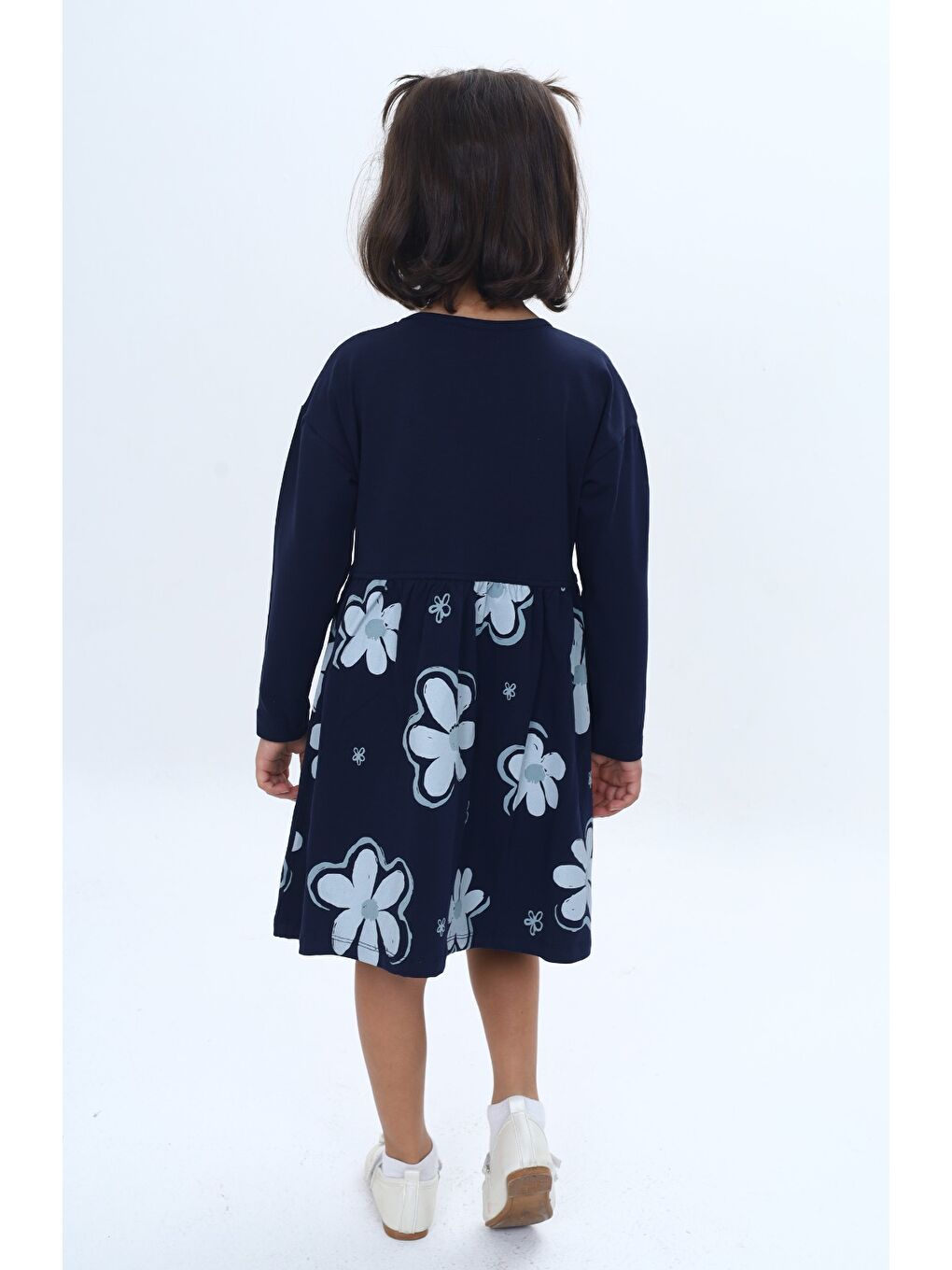 Lacivert Kız Çocuk Çiçek Baskılı Elbise-3