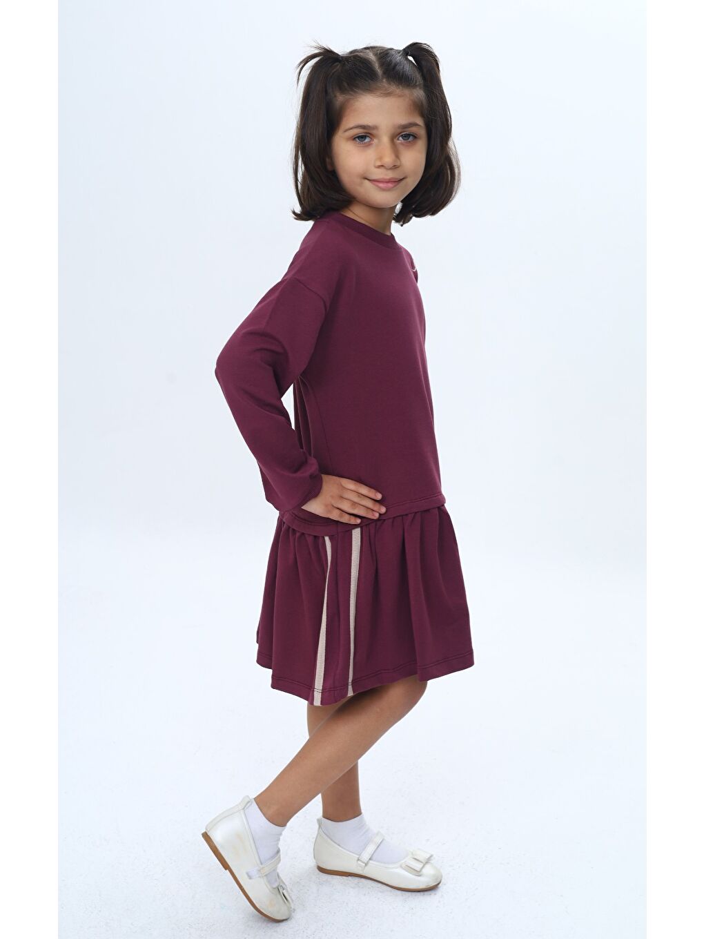 Mor Kız Çocuk Şeritli Kalp Nakışlı Elbise-2