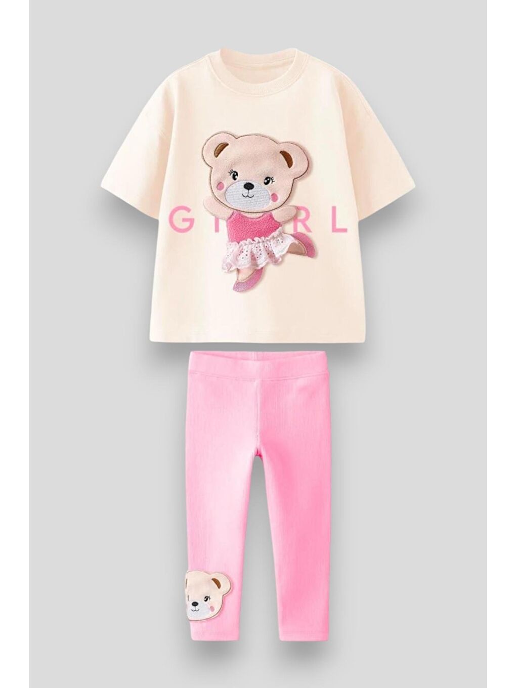 Karışık Kız Çocuk Pamuklu Pembe Ayıcık T-Shirt Ve Tayt Takım - Sevimli Nakış Detaylı