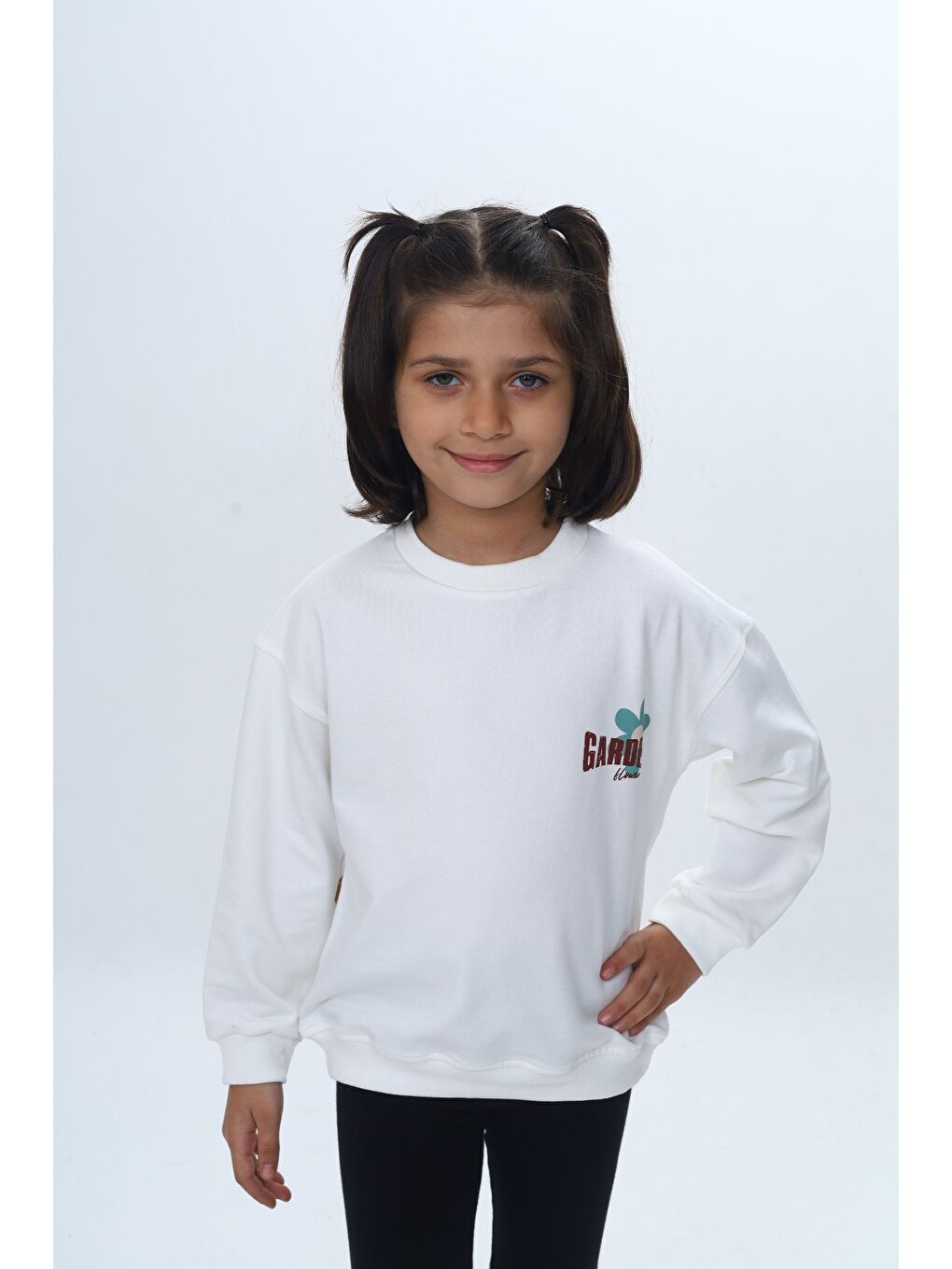 Ekru Kız Çocuk Arka Kol Baskılı Çiçekli Sweatshirt