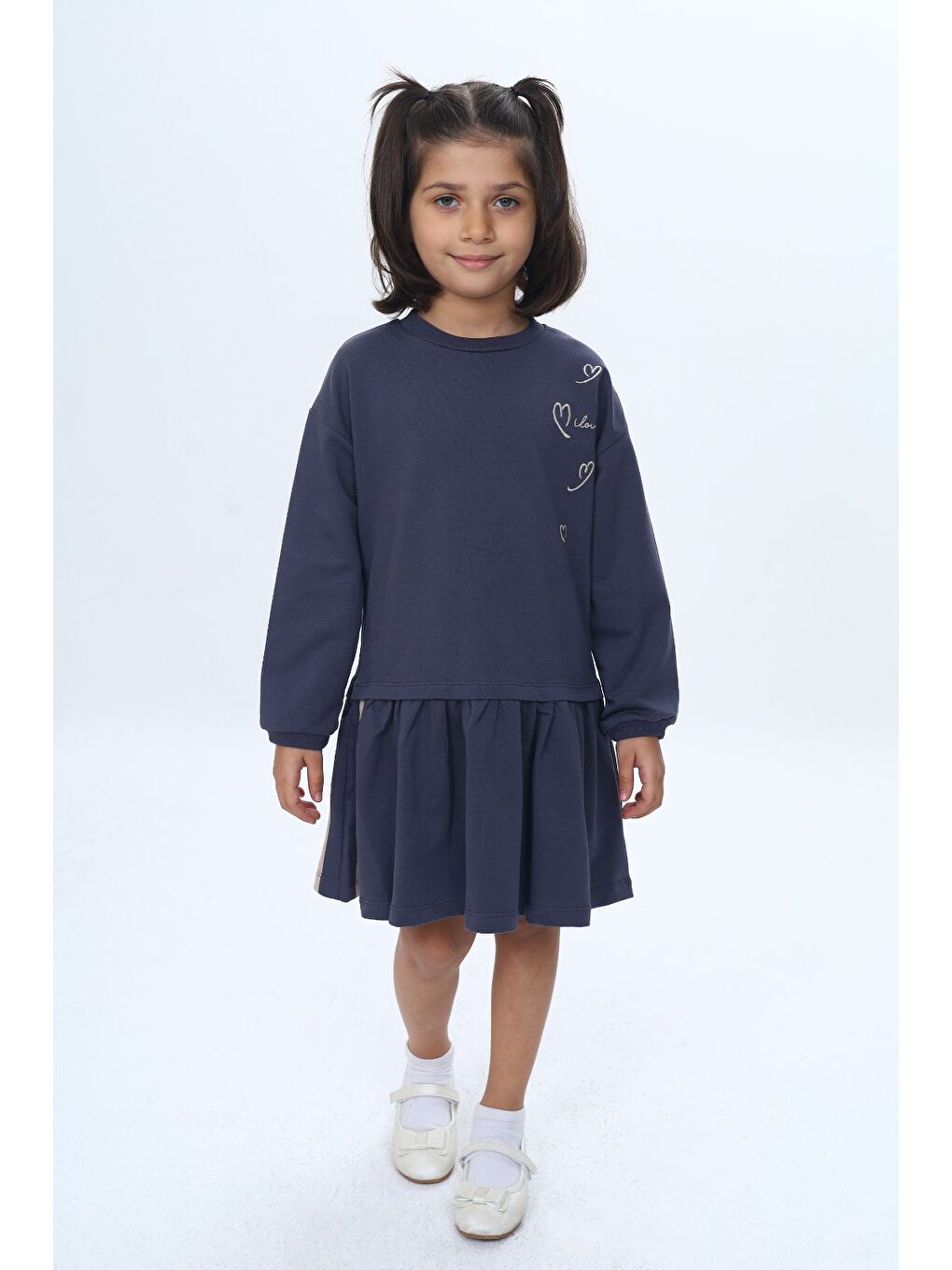 Antrasit Kız Çocuk Şeritli Kalp Nakışlı Elbise