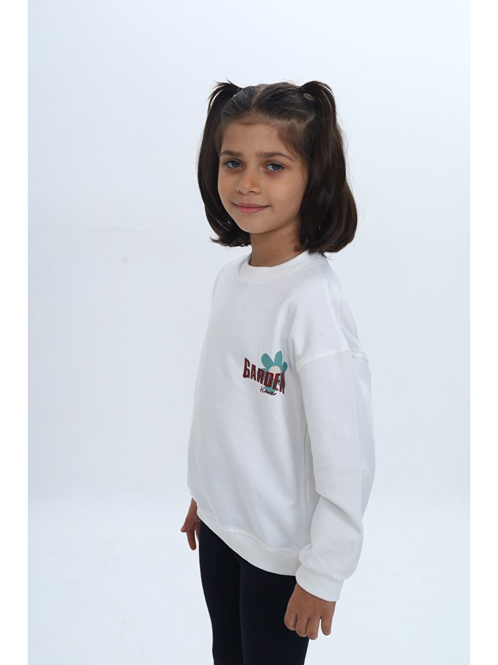 Ekru Kız Çocuk Arka Kol Baskılı Çiçekli Sweatshirt-1