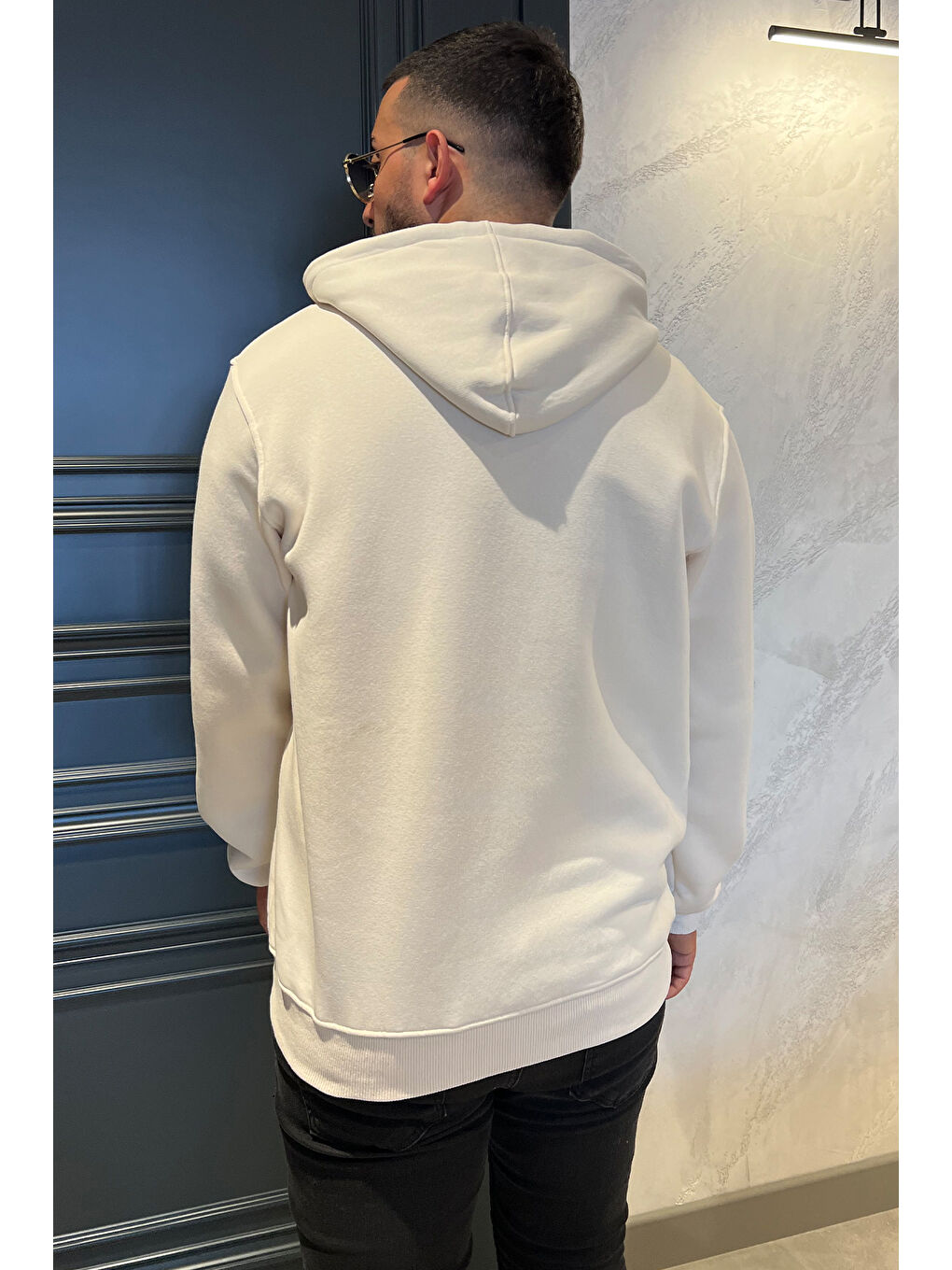 Mishar İtalia Ekru Erkek Kapüşonlu Yarım Fermuarlı Şardonlu Slim Fit Üç İplik Sweatshirt - 2