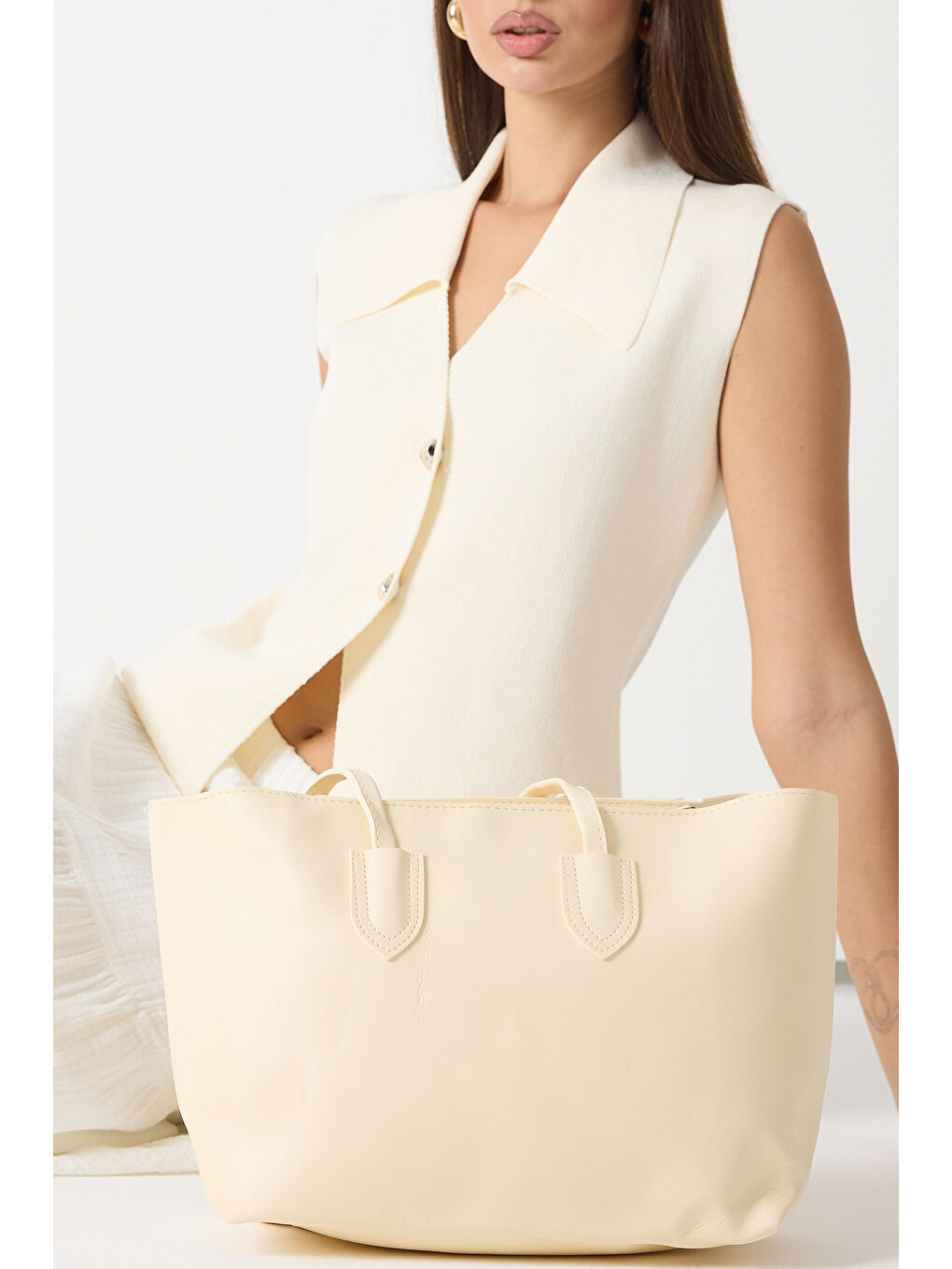 Ekru Kadın Krem Çift Saplı Suni Deri Askılı El ve Omuz Çantası-3