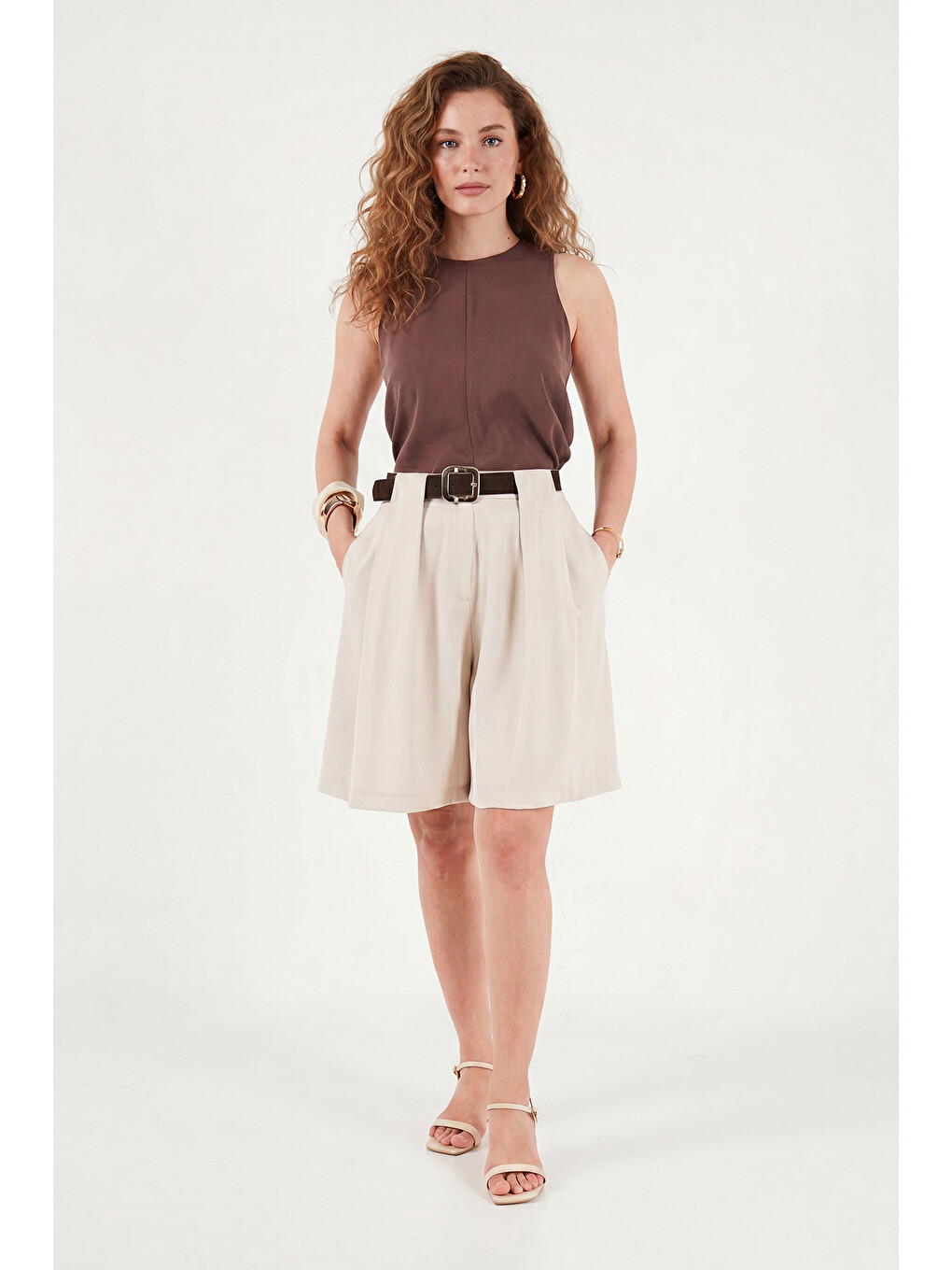 Bej Kemerli Yüksek Bel Relaxed Fit Bermuda Short 145m39764-3