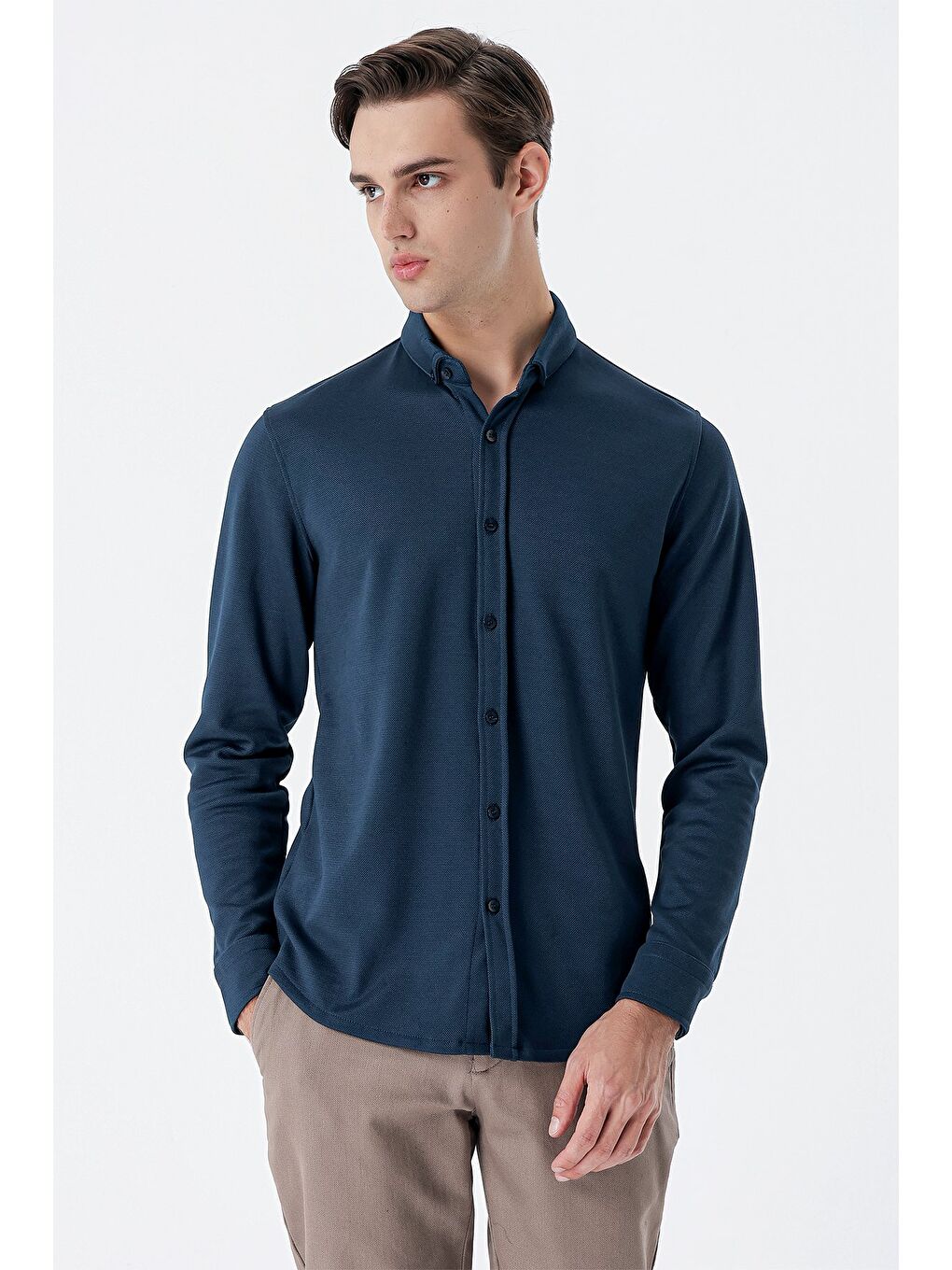 İMZA Petrol Mavi Uzun Kollu Örme Cepsiz Pamuklu Casual Slim Fit Gömlek 1004235116