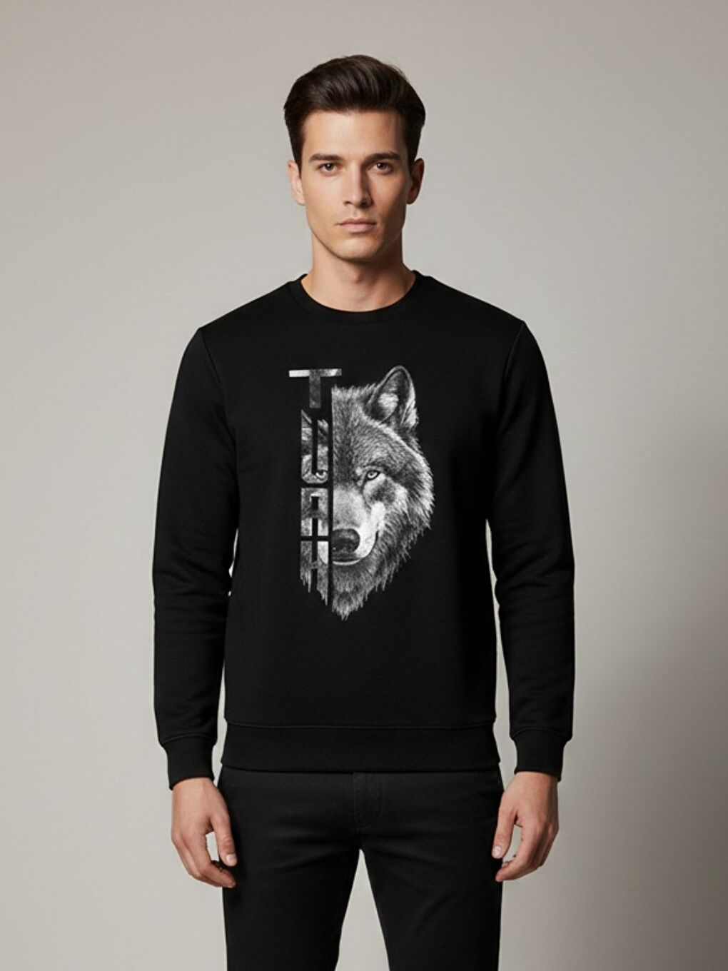 Erkek Siyah Turk Wolf Baskılı Oversize Bisiklet Yaka Uzun Kollu Sweatshirt