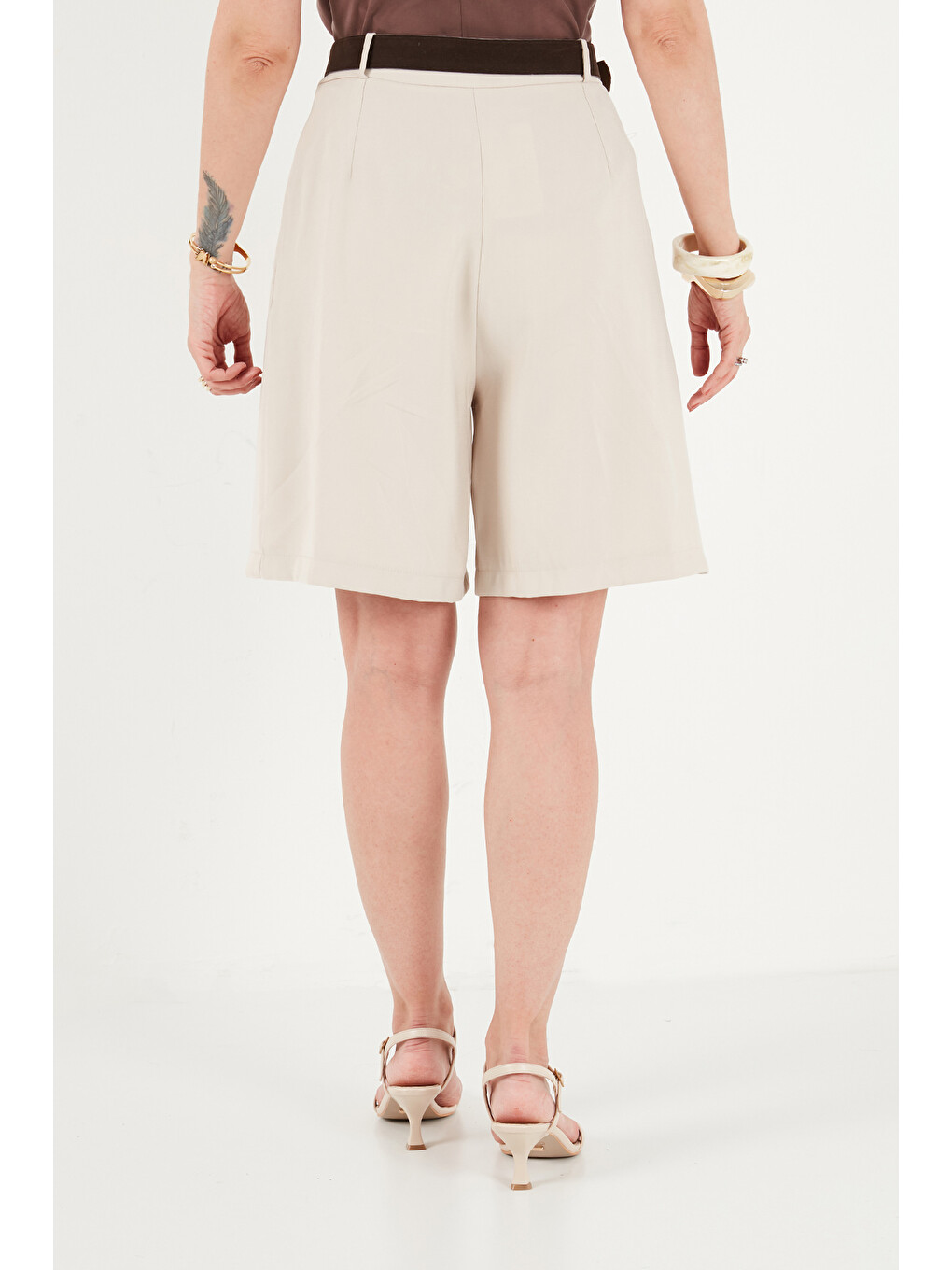 Bej Kemerli Yüksek Bel Relaxed Fit Bermuda Short 145m39764-5