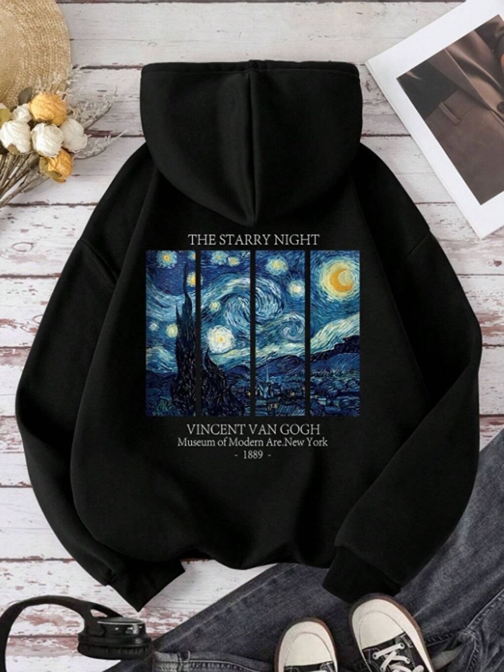 Siyah Unisex Erkek Kadın Van Gogh Özel Baskı Pamuklu Oversize Kapüşonlu Sweatshirt