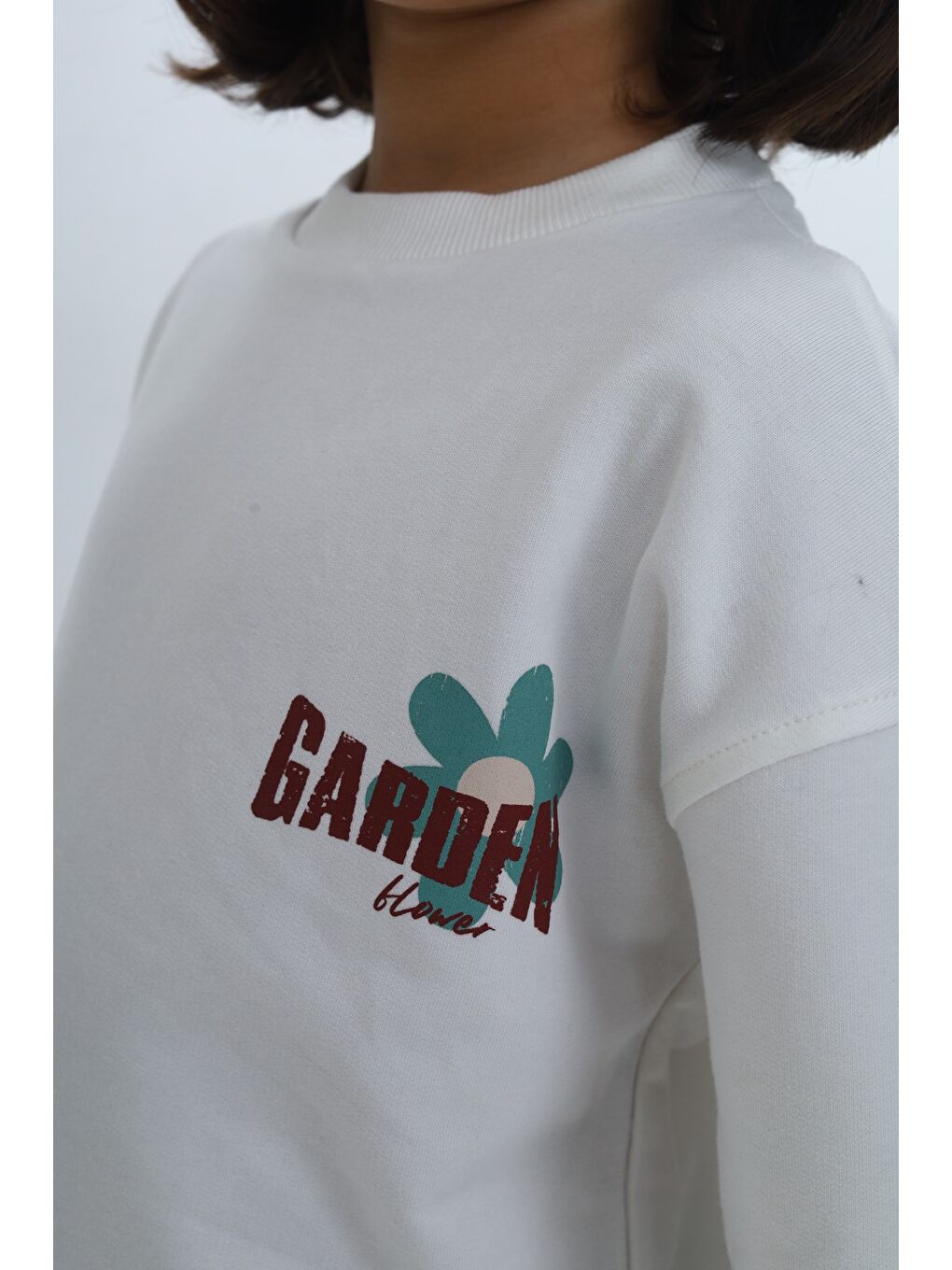 Ekru Kız Çocuk Arka Kol Baskılı Çiçekli Sweatshirt-2