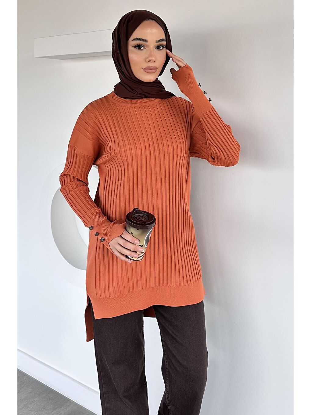 Turuncu Gülseli Bisiklet Yaka Tesettür Triko Tunik-3