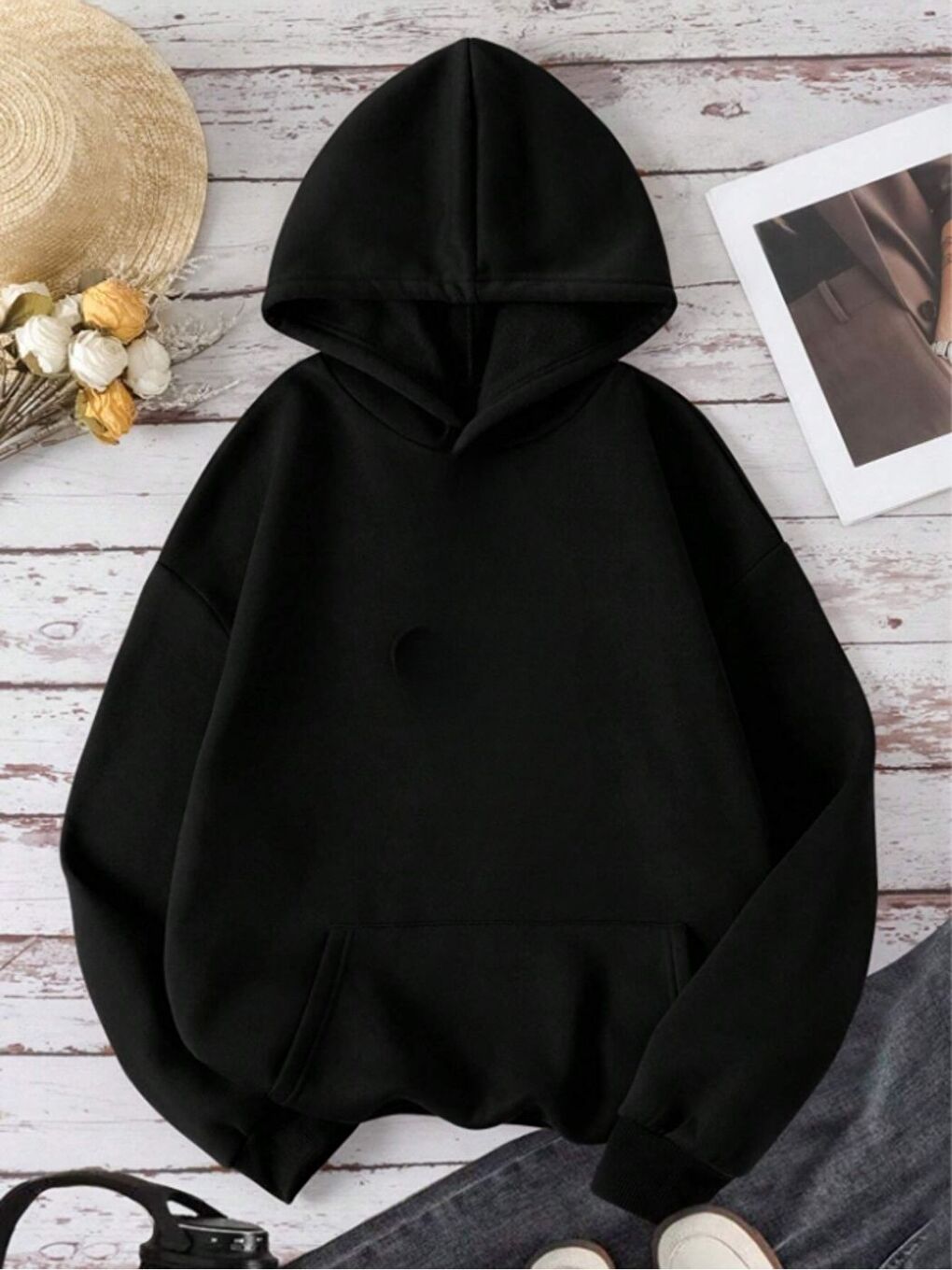 Siyah Unisex Erkek Kadın Van Gogh Özel Baskı Pamuklu Oversize Kapüşonlu Sweatshirt-1